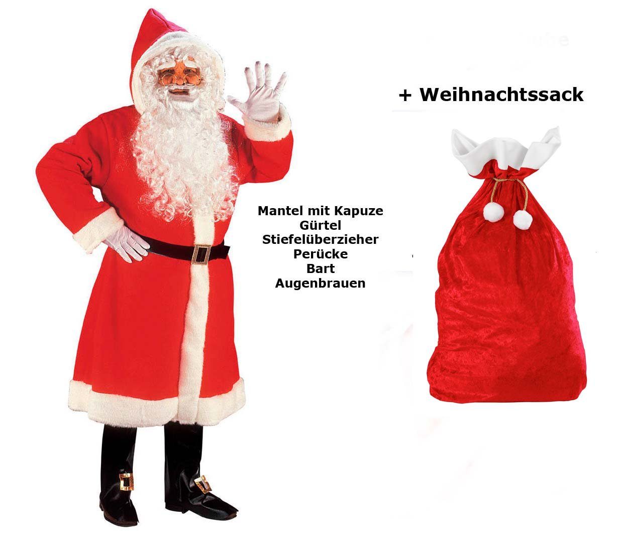 Luxus Weihnachtsmann Weihnachtmann Weihnachtskostüm, mit Scherzwelt Weihnachtsmann Mantel ...M/L mit Weihnachtsmannkostüm, Bart, Set - Sack, Perücke,