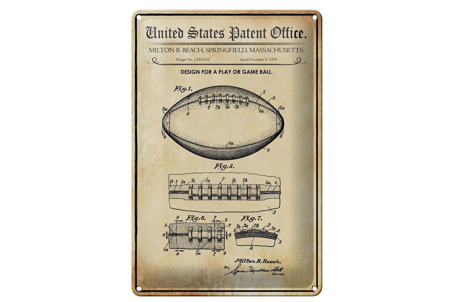 Femer GmbH Metallschild Patent 20x30 cm Entwurf für einen Football, (1 St), gewölbte Oberfläche, abgerundete Ecken, umgeschlagene Kanten