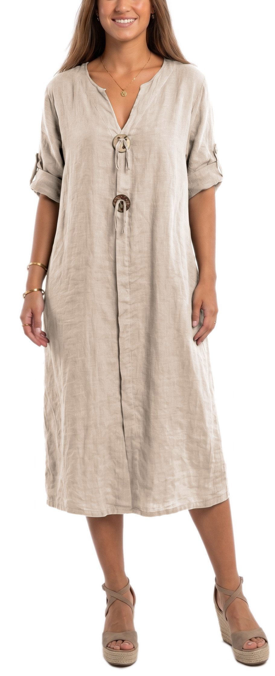 dy_mode Hemdblusenkleid Damen Leinenkleid Midi Hemdblusenkleid mit V-Ausschnitt Freizeitkleid in Unifarbe, V-Ausschnitt, mit seitlichen Eingriffstaschen