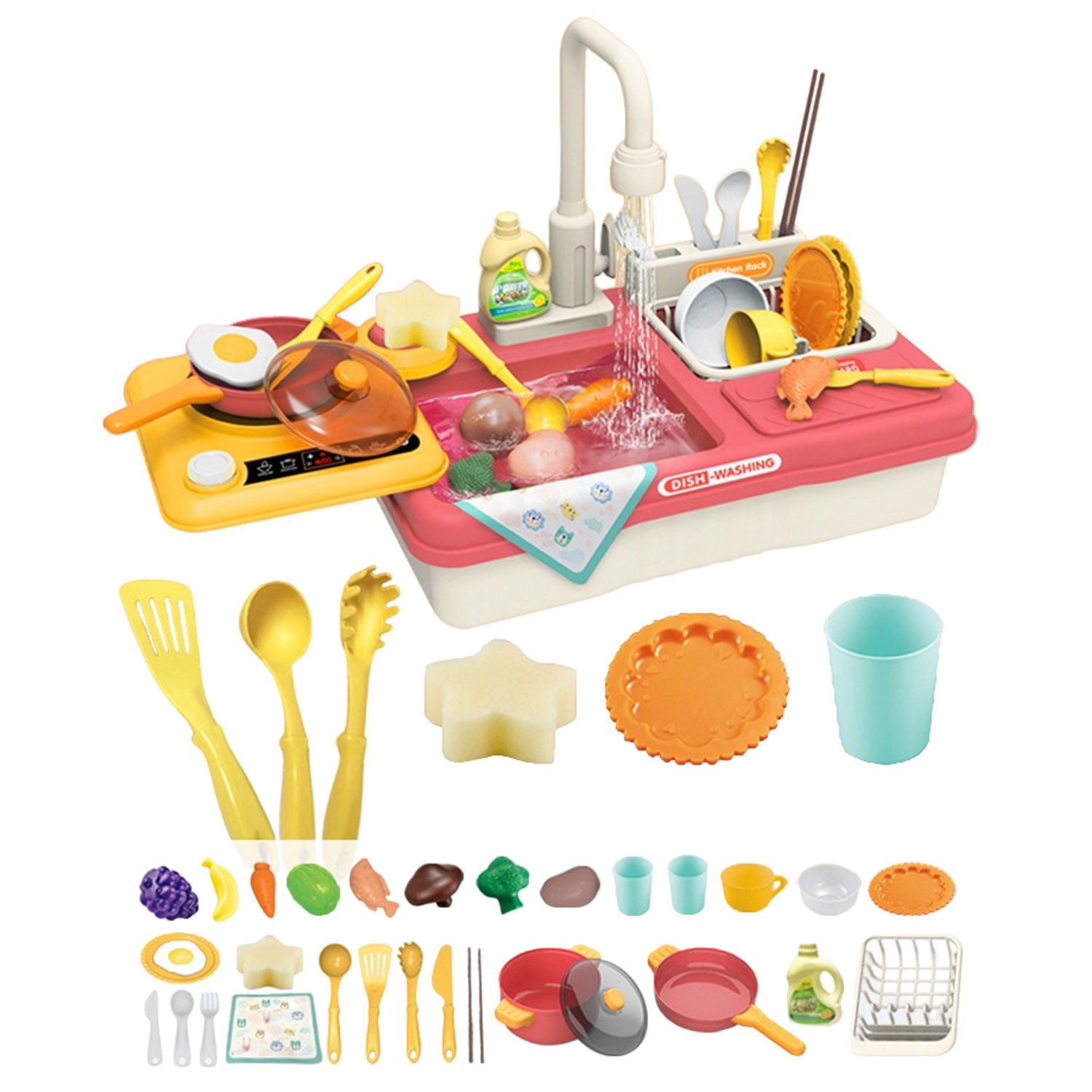Refttenw Spielküche Kinder Kinderküche Spüle mit Wasserfunktion und Kochfeld, Spüle Küchenspüle Zubehör Pfanne Löffel Messer Gabel Besteck Becher