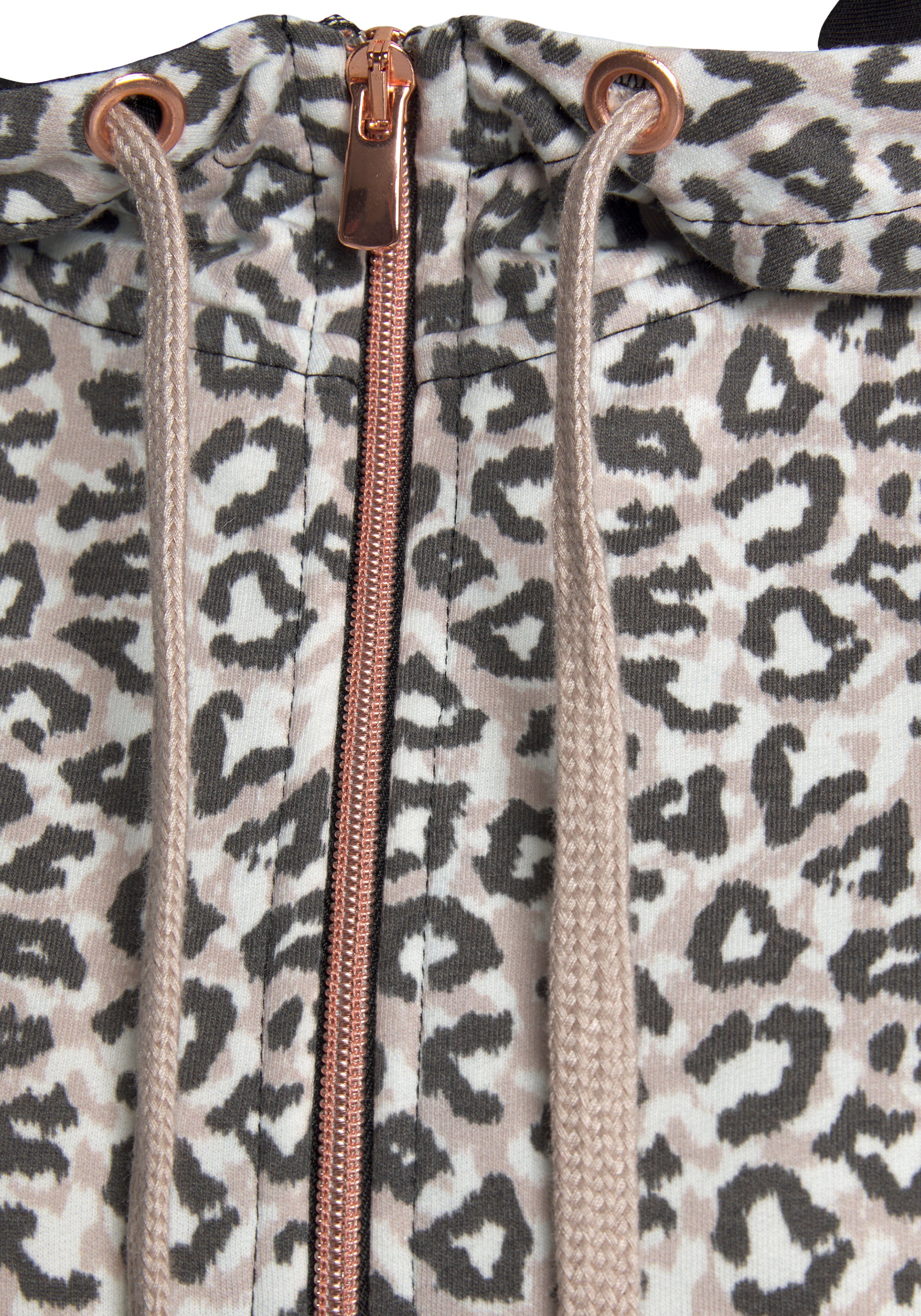 Taschen, Sweatshirtjacke beige-schwarz Kapuzensweatjacke seitlichen Loungeanzug Roségold und / Details LASCANA mit in