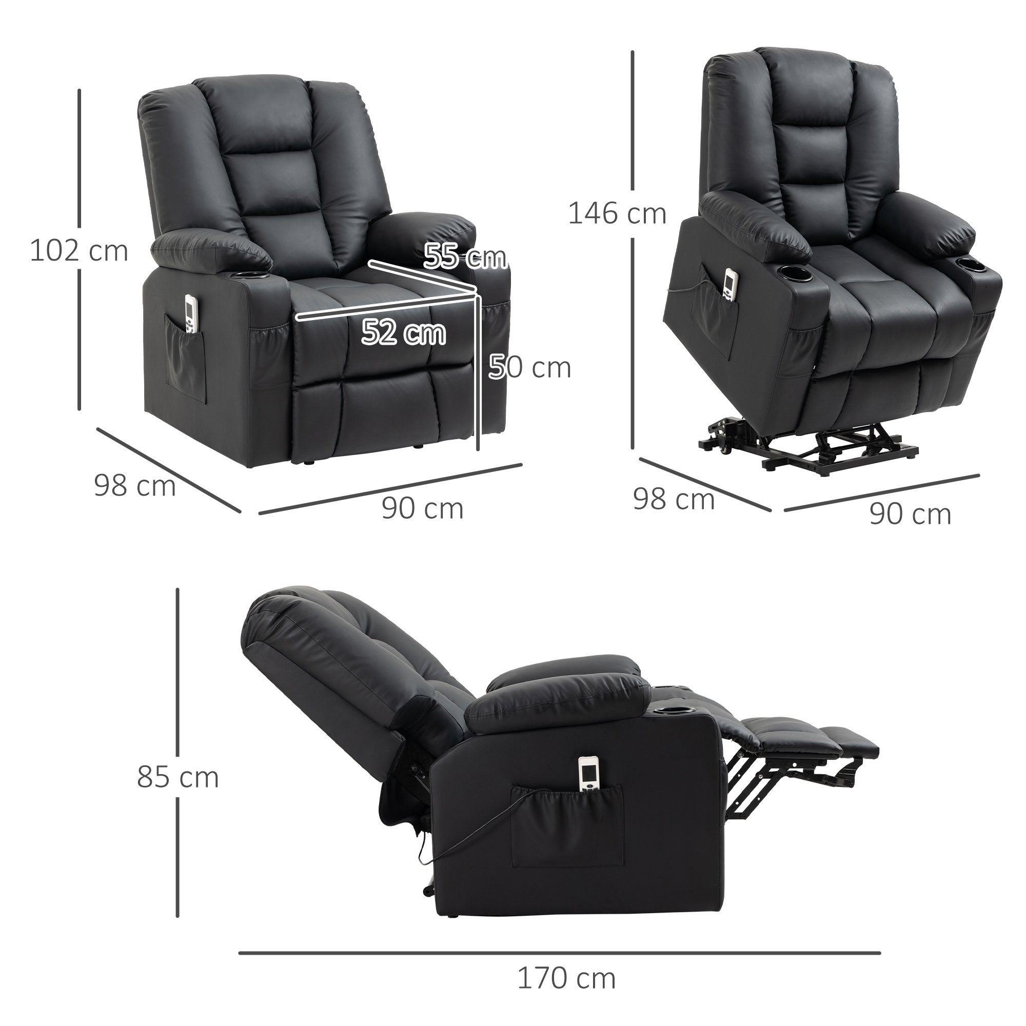 mit (Relaxsessel TV Fernsehsessel Fernbedienung Massagesessel mit USB-Anschluss Aufstehhilfe, 2-St., Liegefunktion, HOMCOM Rollen, Sessel), mit