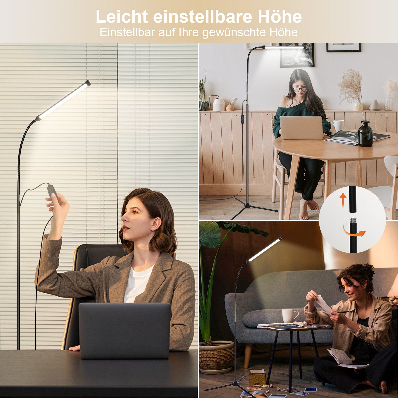 MUPOO LED Stehlampe Stehleuchte LED Stehlampe dimmbar, mit flexiblem Schwanenhals & 3 Farben, 3000K/4000K/6000K