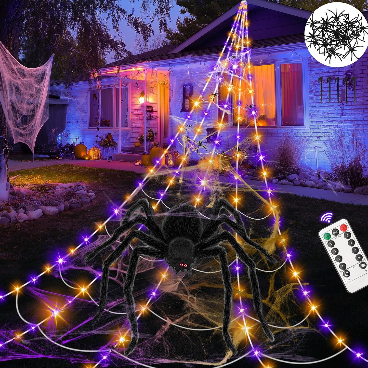 skelo Dekolicht 5M Spinnennetz Halloween Deko Außen, 150 LED mit Fernbedienung & Timer, Dekolicht Halloween, LED fest integriert, Lila Orange, Lila, Riesen Spinnennetz Leuchtend, 8 Lichtmod für Halloween Deko Hof Garten