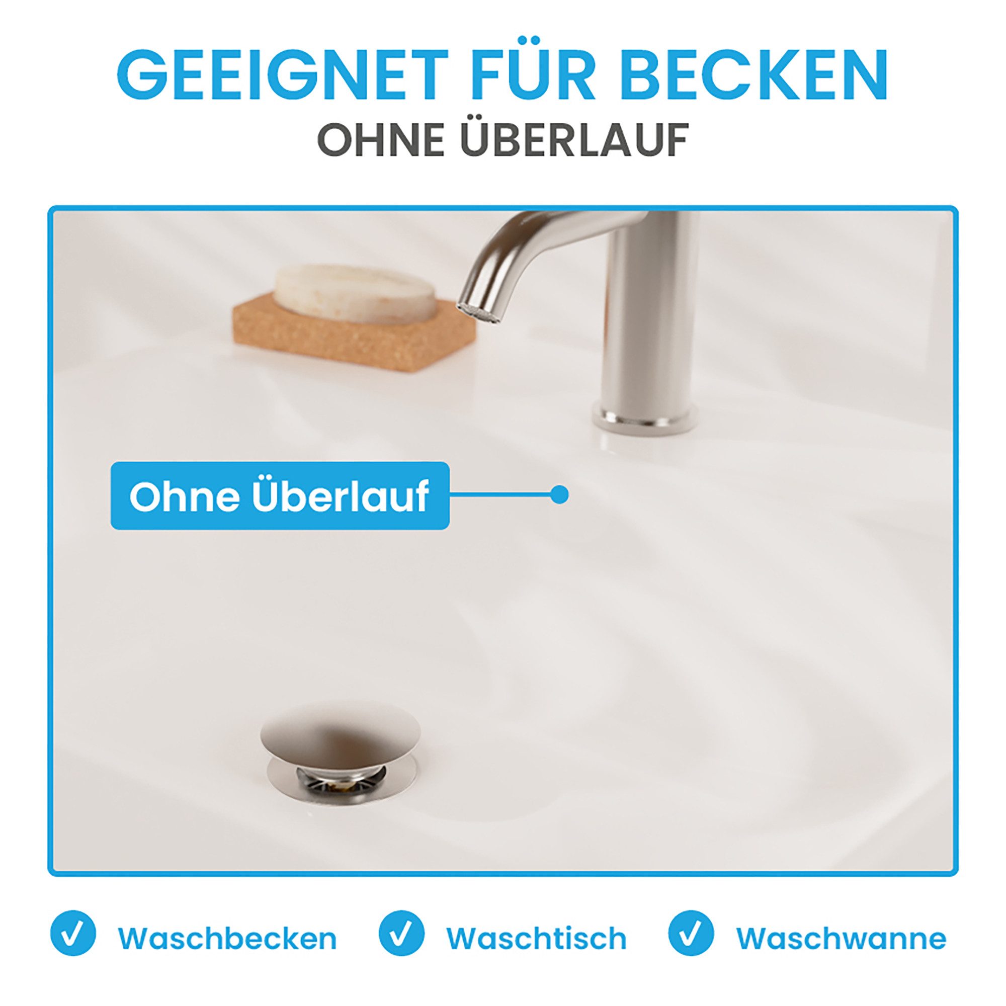 Bächlein Ablaufgarnitur Waschbeckenabfluss Pop Up (Waschbeckenstöpsel mit Überlauf) Werkzeugloser Einbau - Click Clack Funktion – Bild 5 von 5