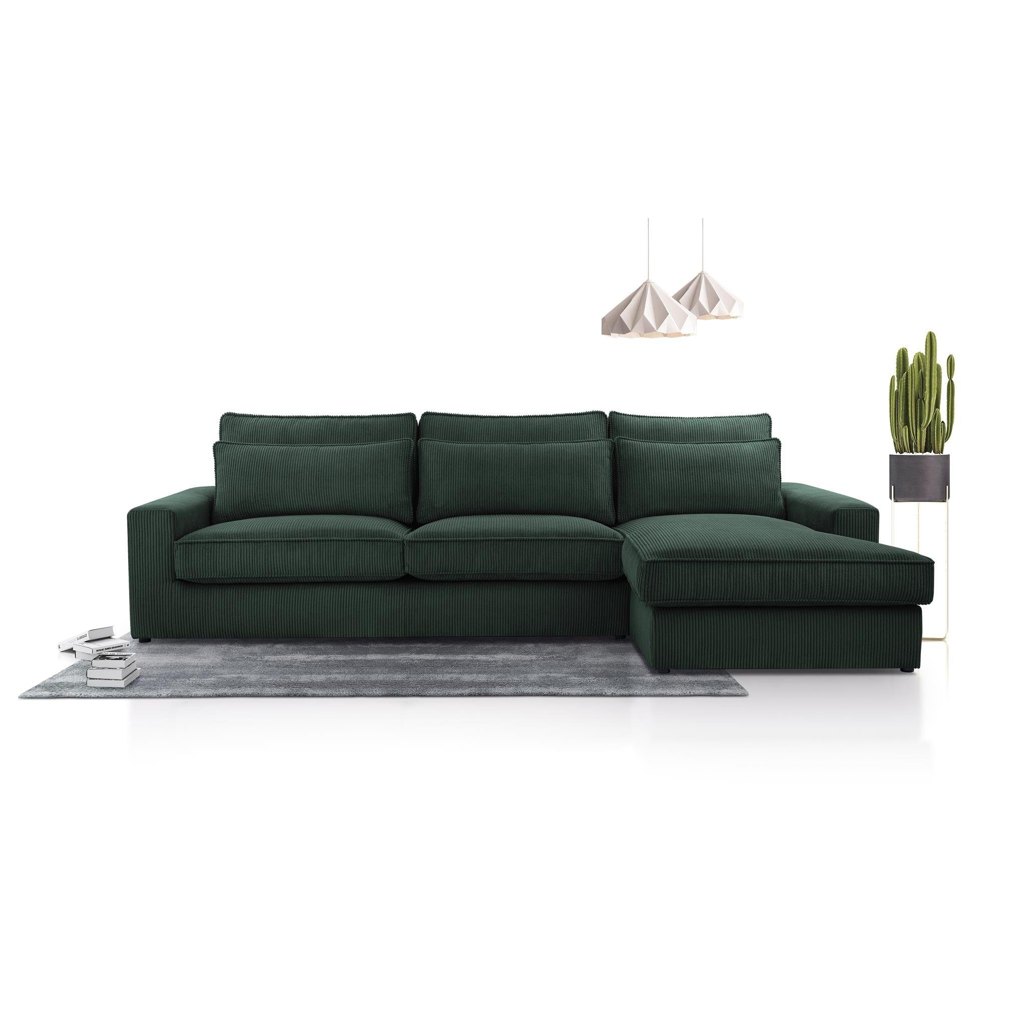 Beautysofa Ecksofa Clio, Polstersofa aus Velourstoff, mane rechts oder links montierbar, L-Form Eckcouch für Wohnzimmer, Cord-Struktur Grün (lincoln 39) | Ecksofas