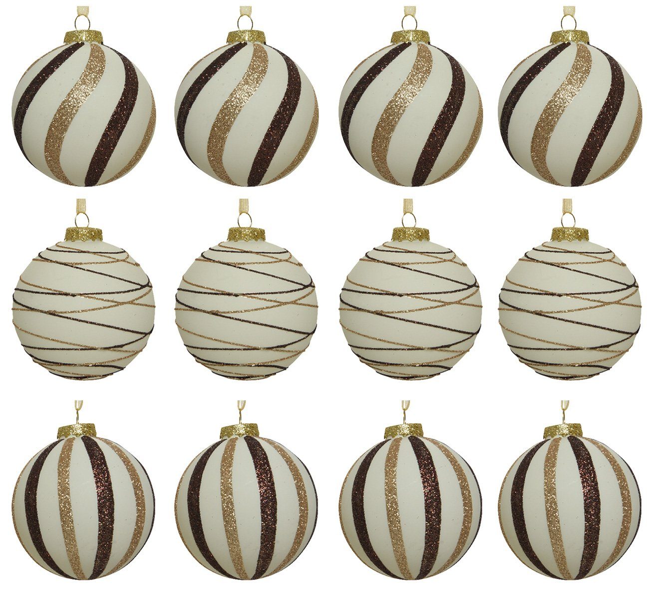 Kaemingk Weihnachtsbaumkugel, Weihnachtskugeln Glas 8cm Streifen Muster 12er Set Wollweiß / Braun