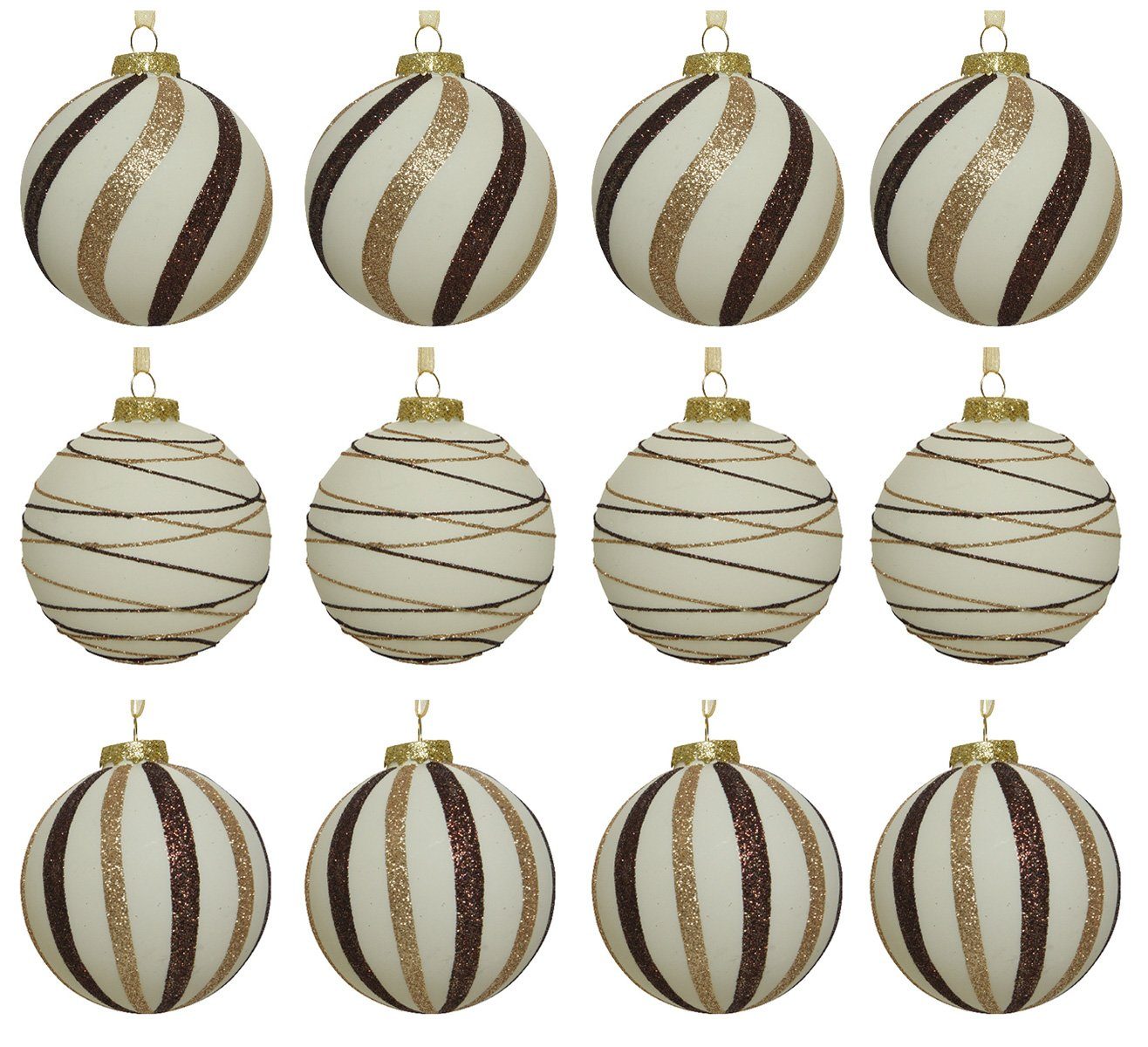 Decoris season decorations Christbaumschmuck, Weihnachtskugeln Glas 8cm  Streifen Muster 12er Set Wollweiß / Braun