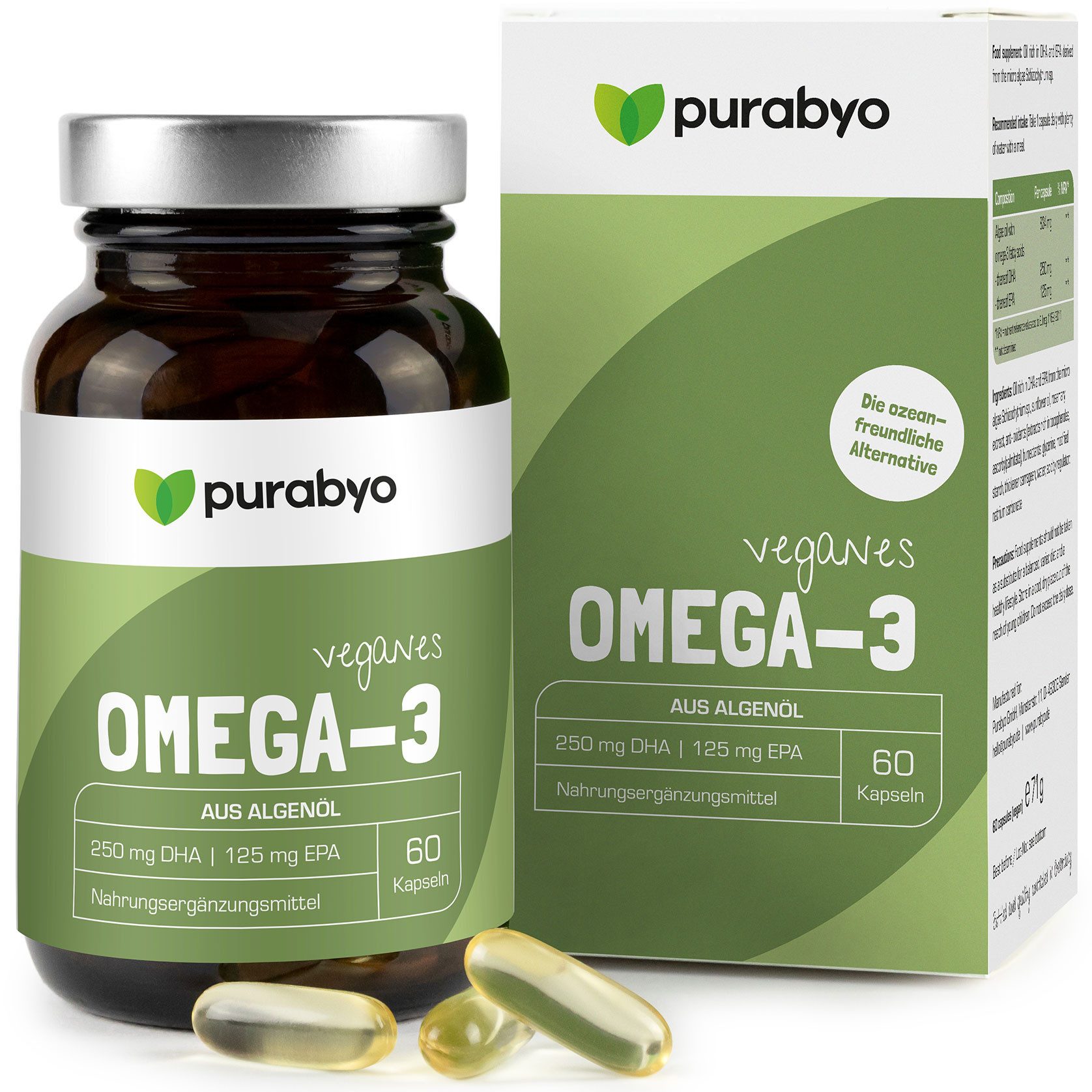 Purabyo Omega-3 Algenöl Kapseln, vegan, 250 mg DHA,+125 mg EPA, im Glas Kapseln, 60 St., 71 g