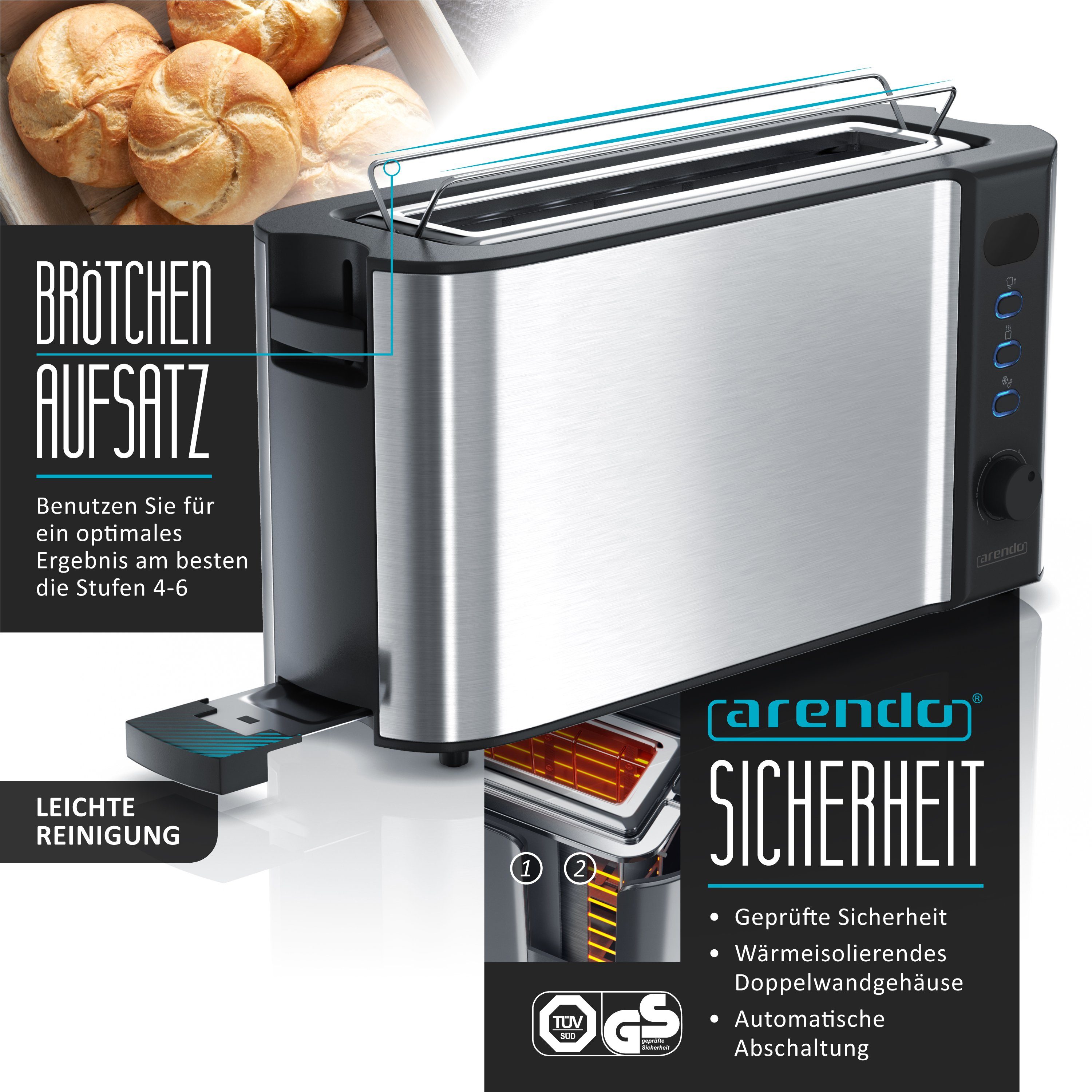 Arendo Frühstücks-Set Wasserkocher 1,5l / 2-Scheiben Toaster / Eierkocher, Edelstahl, Silber (3-tlg), BPA-frei, GS-geprüfte Sicherheit, perfekt fürs Familienfrü – Bild 4 von 5