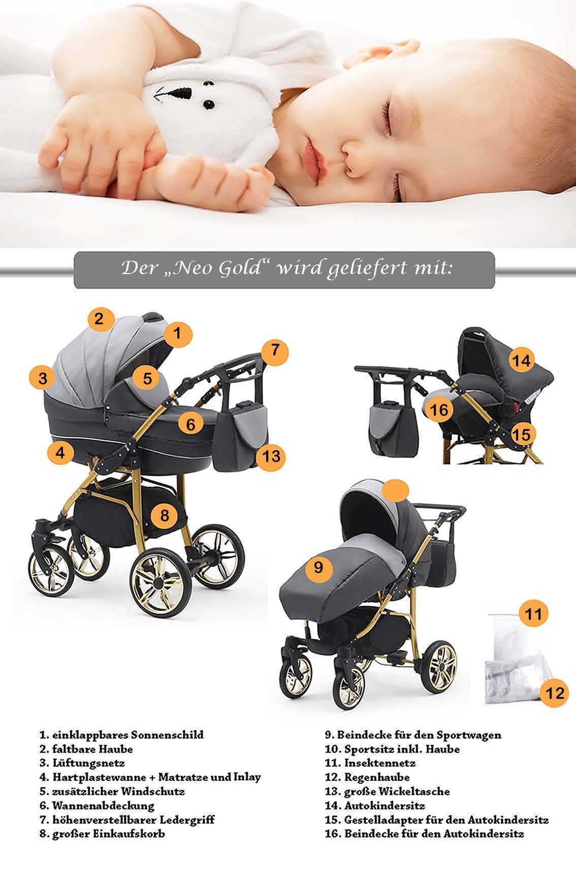 BabyMerc Kombi-Kinderwagen Neo Gold 4 in 1 inkl. Sportsitz, Autositz und Zubehör in 22 Farben