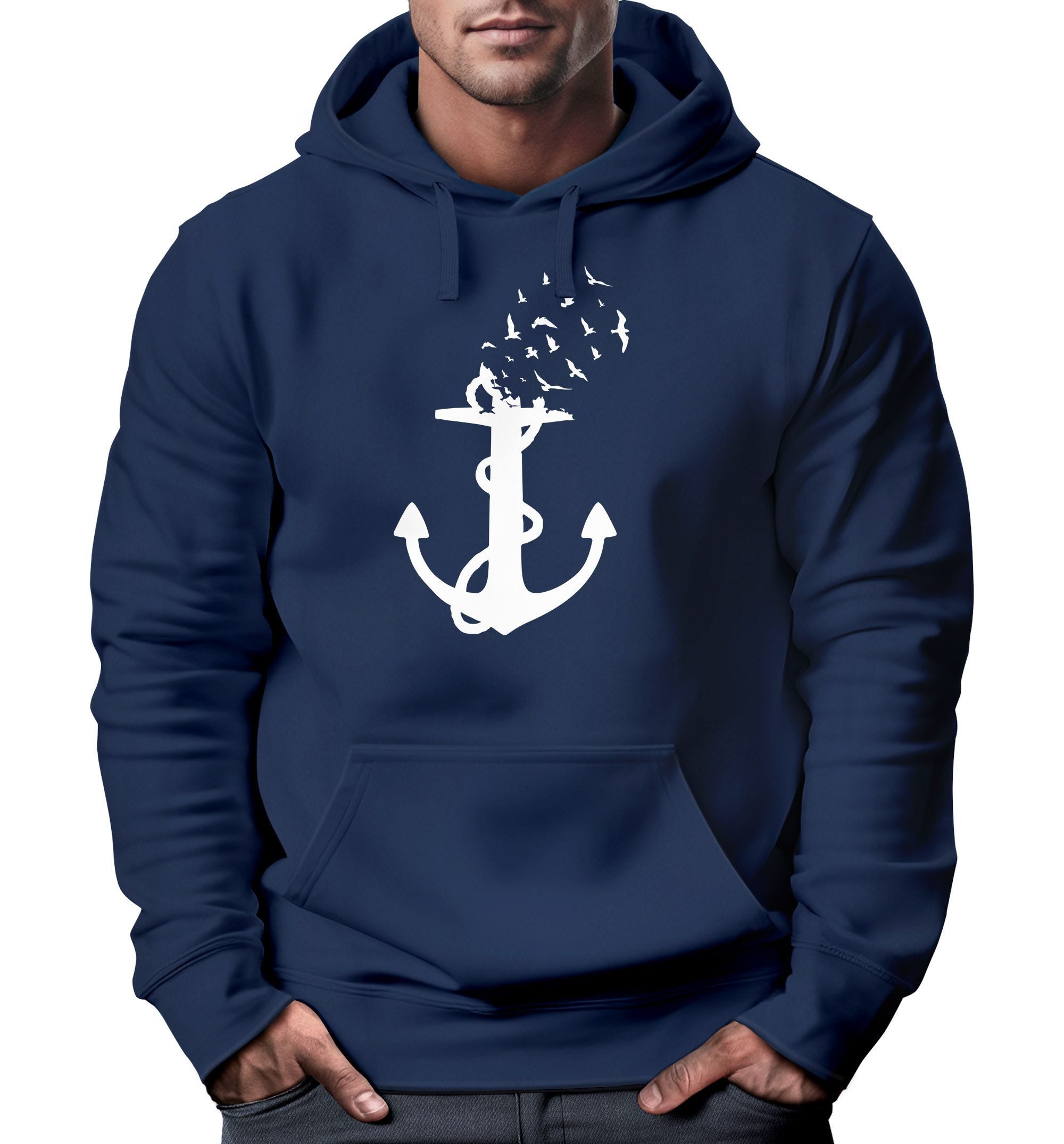 Neverless Hoodie Hoodie Herren Print Aufdruck Trend Anker Vögel Motiv Norde günstig online kaufen