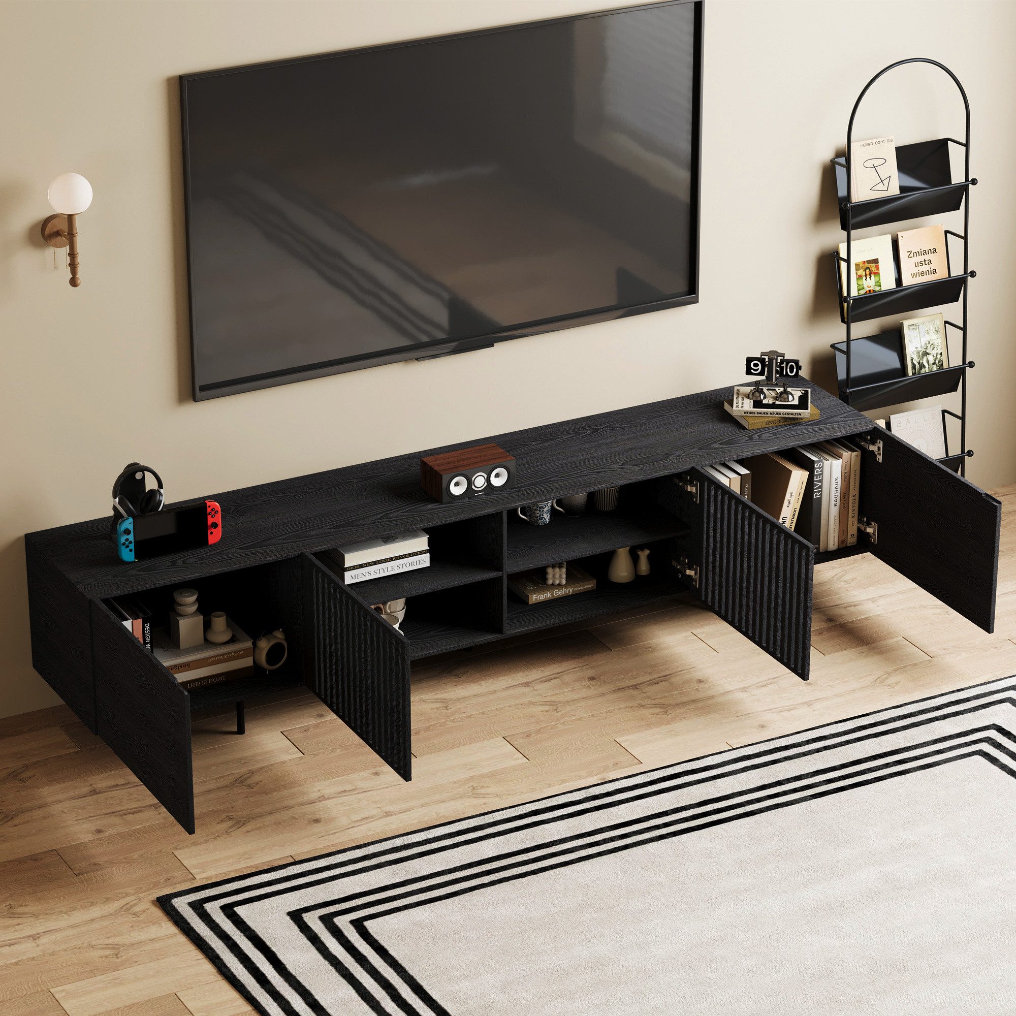 oleyluckidea TV-Schrank Mid-Century TV-Lowboard ausziehbar, Walnuss, für 80"+ TV Breite 198 cm bis 262 cm