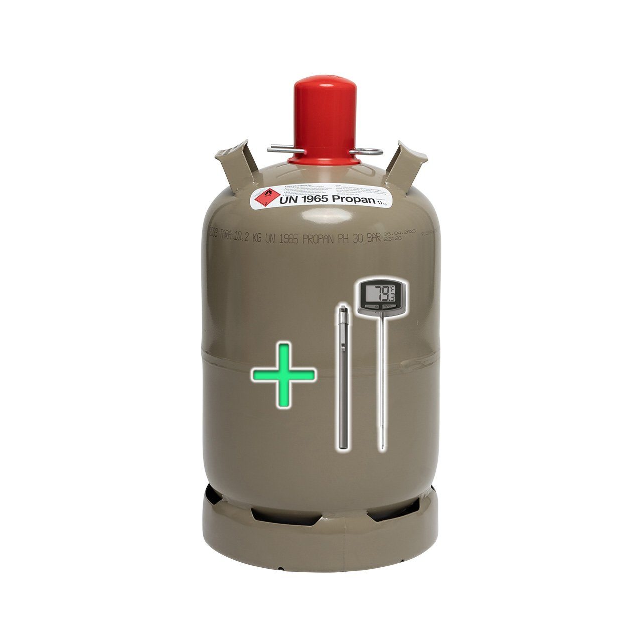 BlueCraft Gas 11 kg Propan Gasflasche ungefüllt, Propangas-Flasche, 11 kg, grau, ungefüllt inkl. Weber Grillthermometer