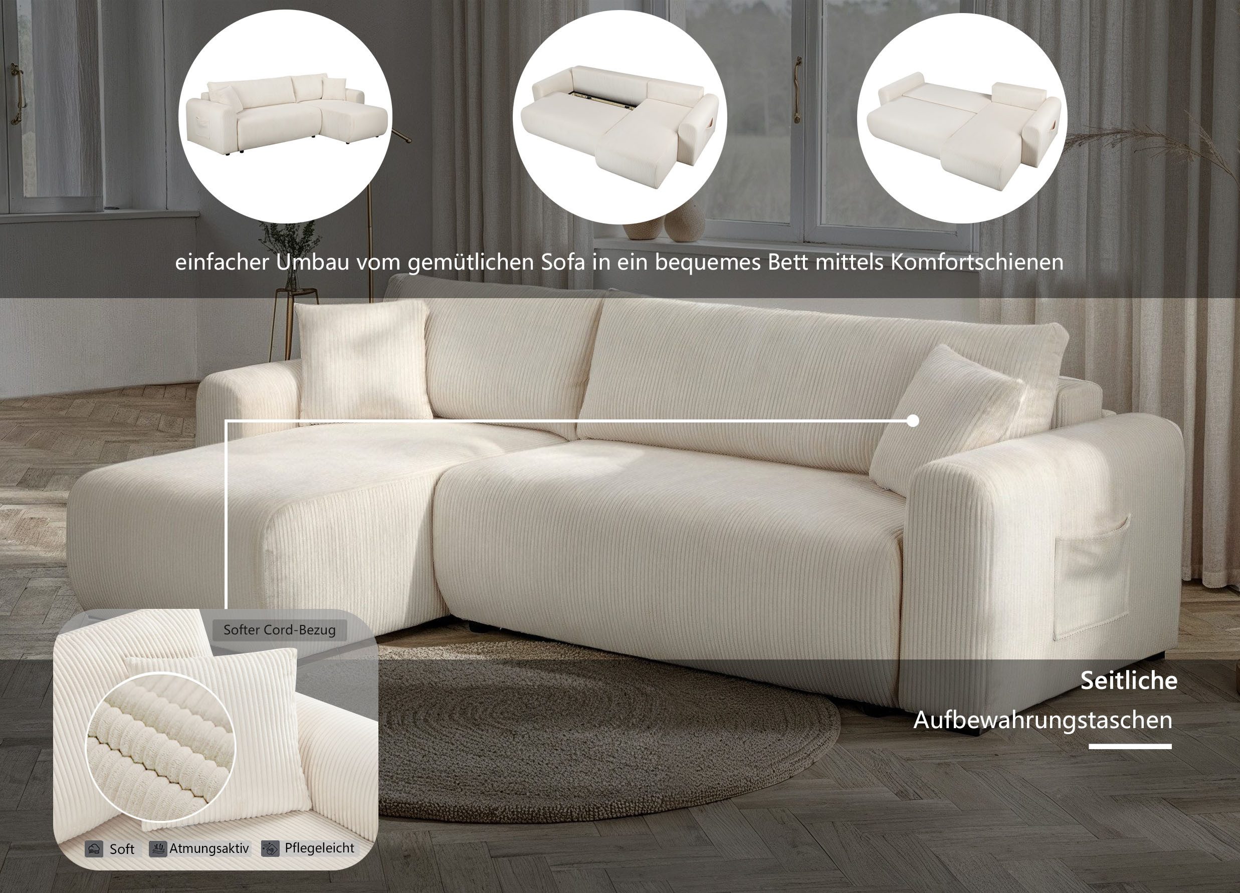 OTTO home Ecksofa JONAA L-Form, 241cm - OTTO. Verlässliche Qualität., Schlaffunktion(133/200), Bettkasten, Cord, Struktur, Unser Tiefpreis