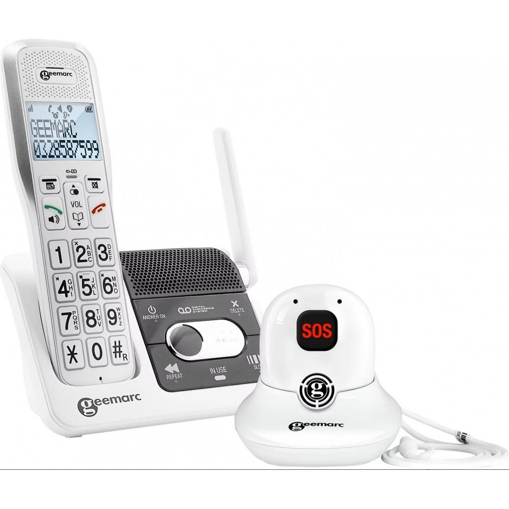 Geemarc AMPLIDECT 595 SOS-PRO Schnurlostelefon mit Notruf-DECT Anhänger weiß Schnurloses DECT-Telefon
