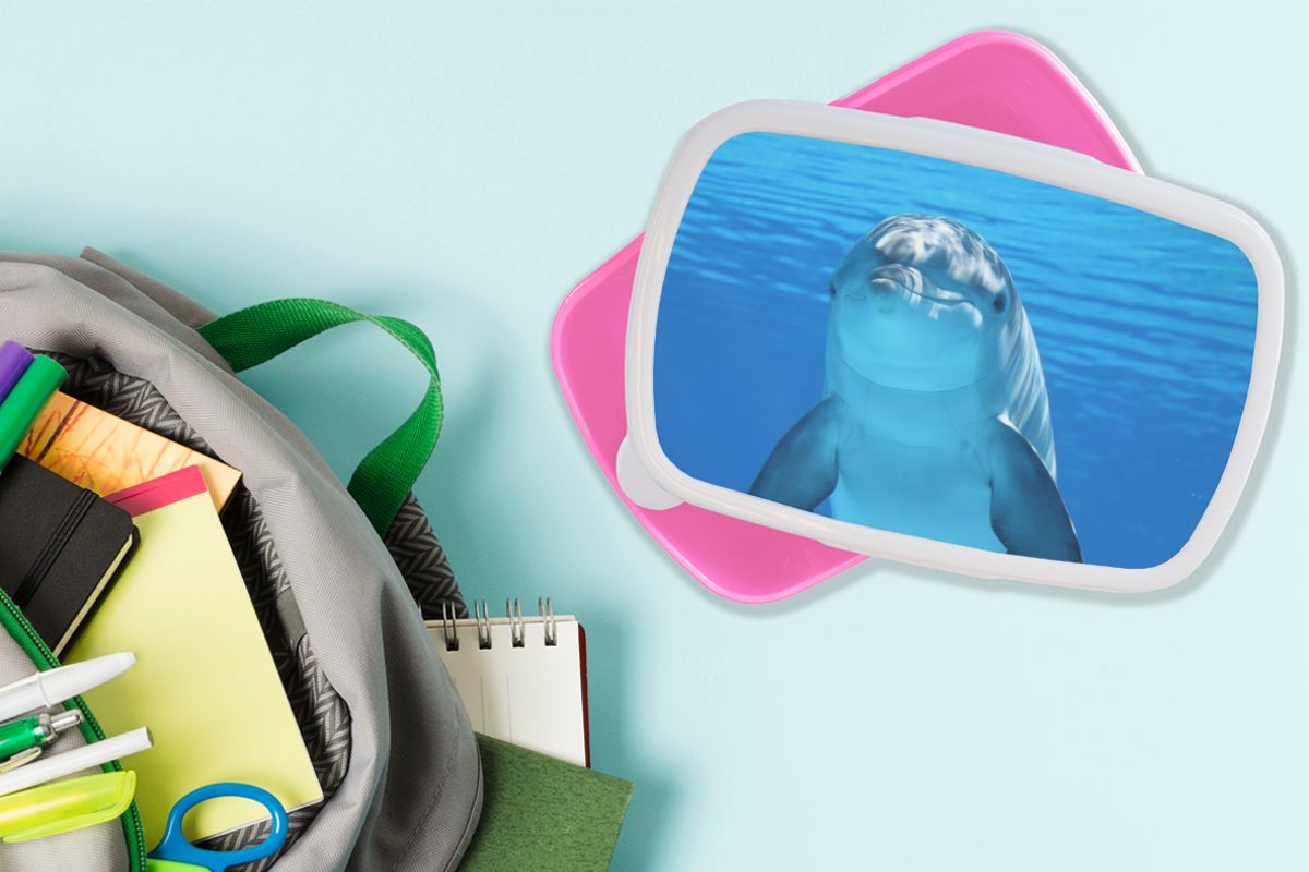MuchoWow Lunchbox Blau, - Erwachsene, Kunststoff Brotdose Wasser für Snackbox, (2-tlg), Mädchen, - Kinder, Delfin rosa Kunststoff, Brotbox
