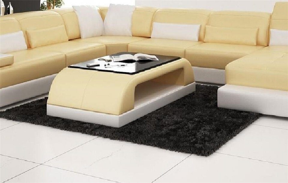Design Couch Beige/Weiß Glas JVmoebel Sofa Kaffee Sofatisch Tische Leder Beistell Tisch Couchtisch