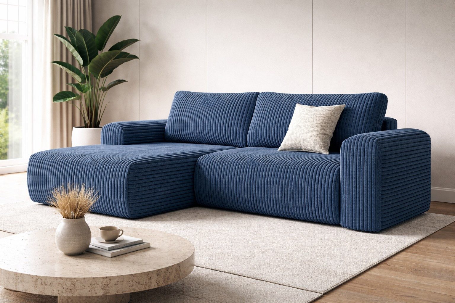 VIVENTE Möbel Ecksofa BERI in breitem CORD Stoff mit Schlaffunktion u. Bettkasten, mit Bettkasten