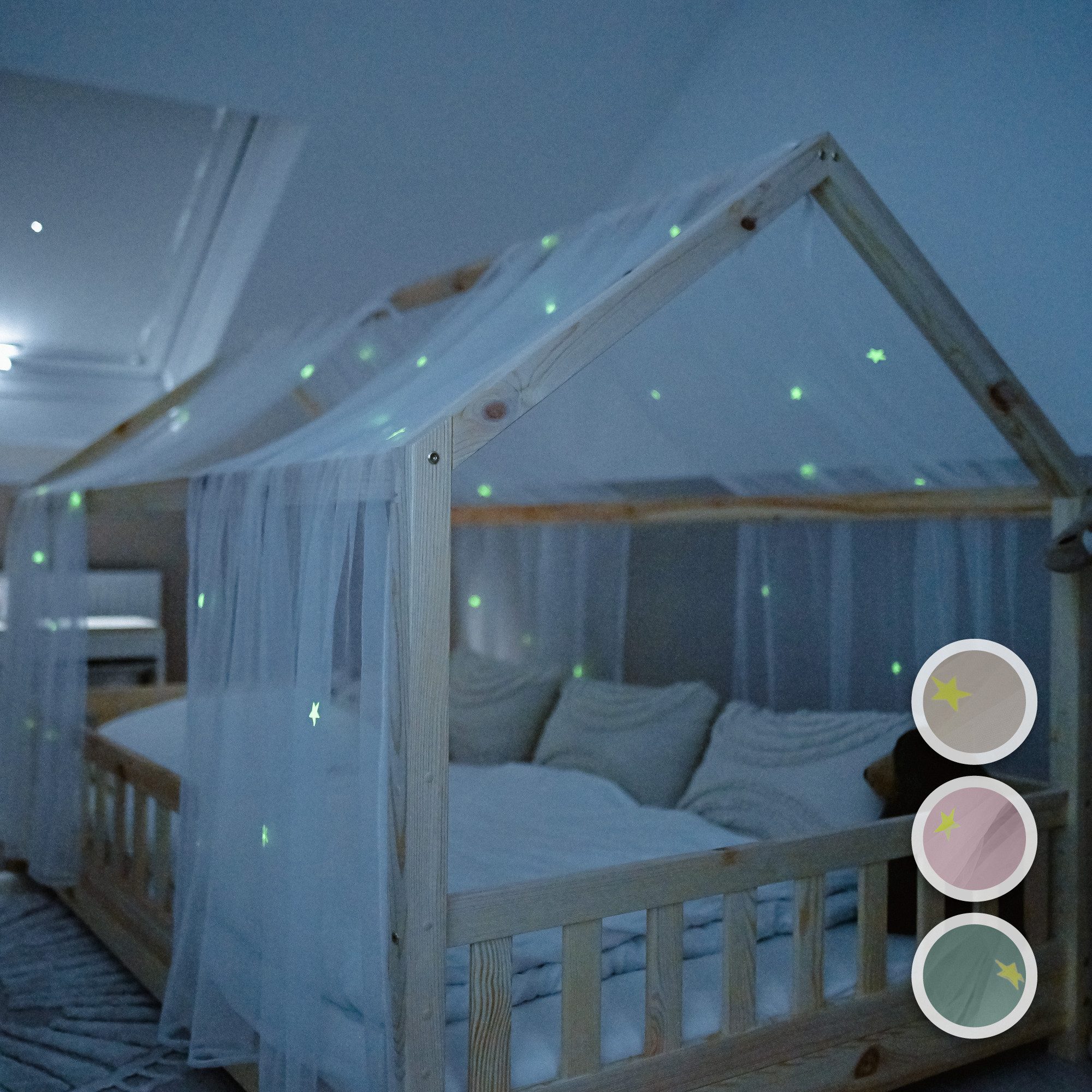 lilimaus Betthimmel Hausbett Himmel Leuchtende Sterne aus Musselin - 2er-Set (1-tlg), mit leuchtenden Sternen - funkeln im Dunkeln überm Hausbett