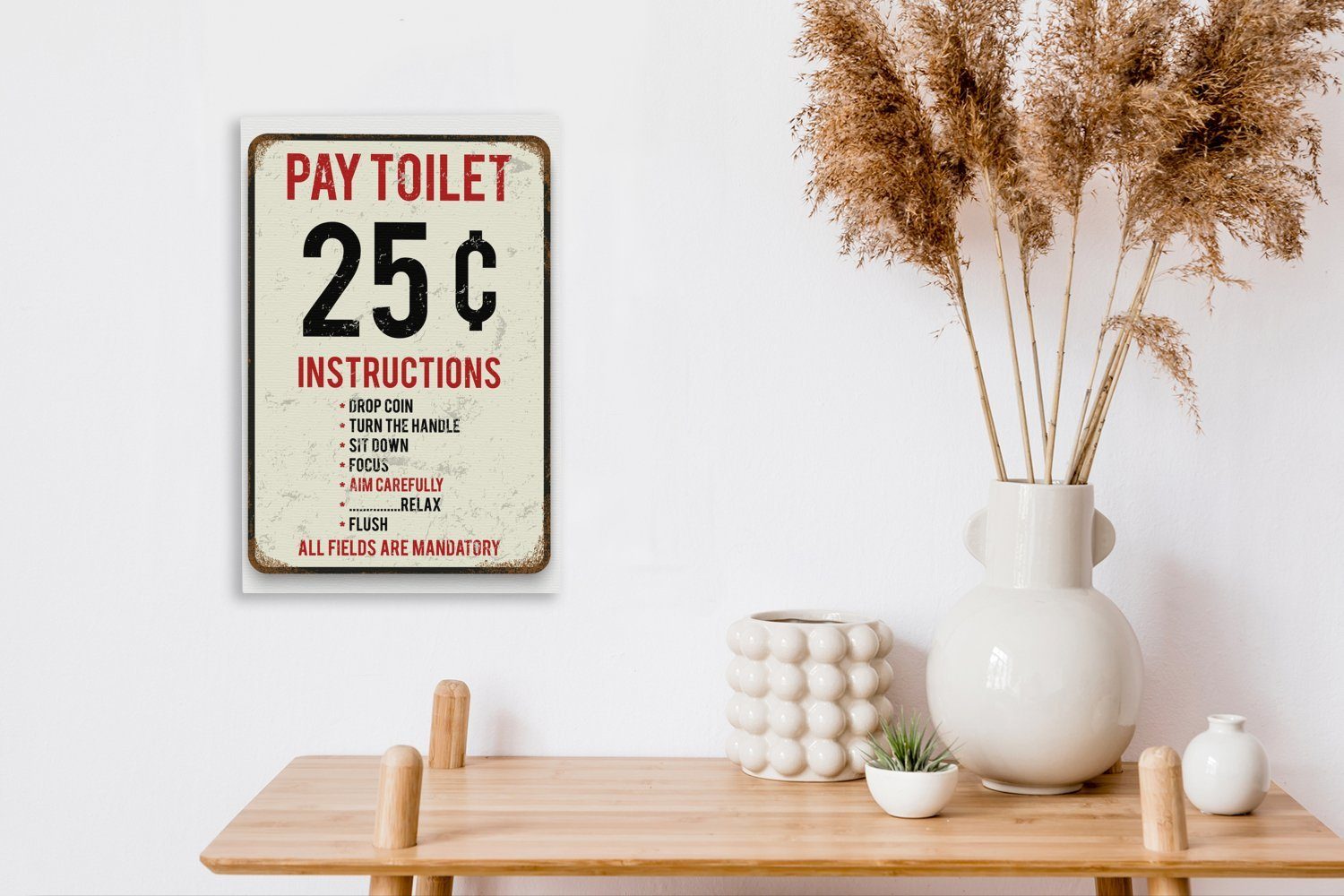 Gemälde, Leinwandbild (1 mit St), cm Toilettenplakat Leinwandbild bespannt dem Text Toilet, OneMillionCanvasses® Zackenaufhänger, inkl. fertig 20x30 Pay Ein