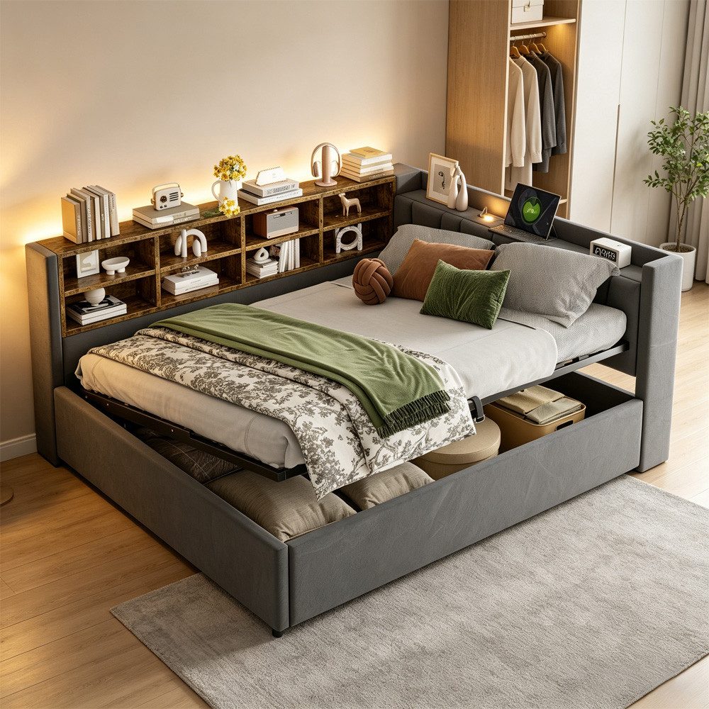 OKWISH Schlafsofa Kinderbett, mit hydraulischem Stauraum, Nachtlicht, USB- & Typ-C-Ladeanschluss und Ablagen, Polsterbett, Gepolstertes Samtsofa 140x200 cm, ohne Matratze