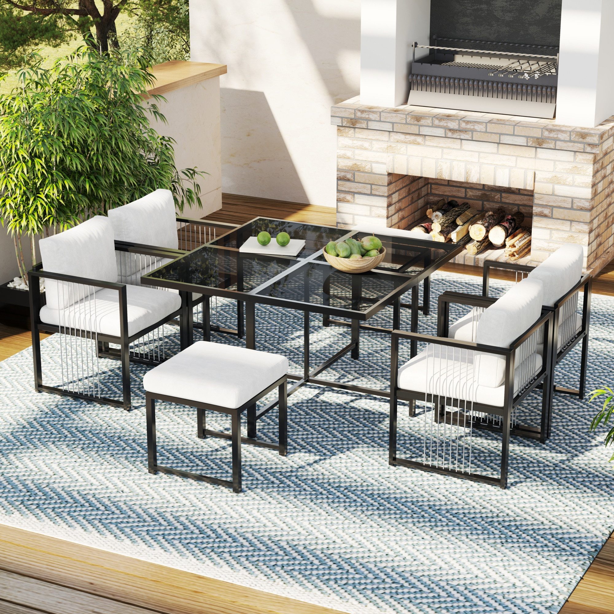 Merax Sitzgruppe aus Seil und verzinktem Eisen, (7-tlg., Gartengarnitur Gartenlounge Balkonmöbel), Gartenmöbel-Set für 6 Personen, Essgruppe mit Sessel, Hocker & Tisch