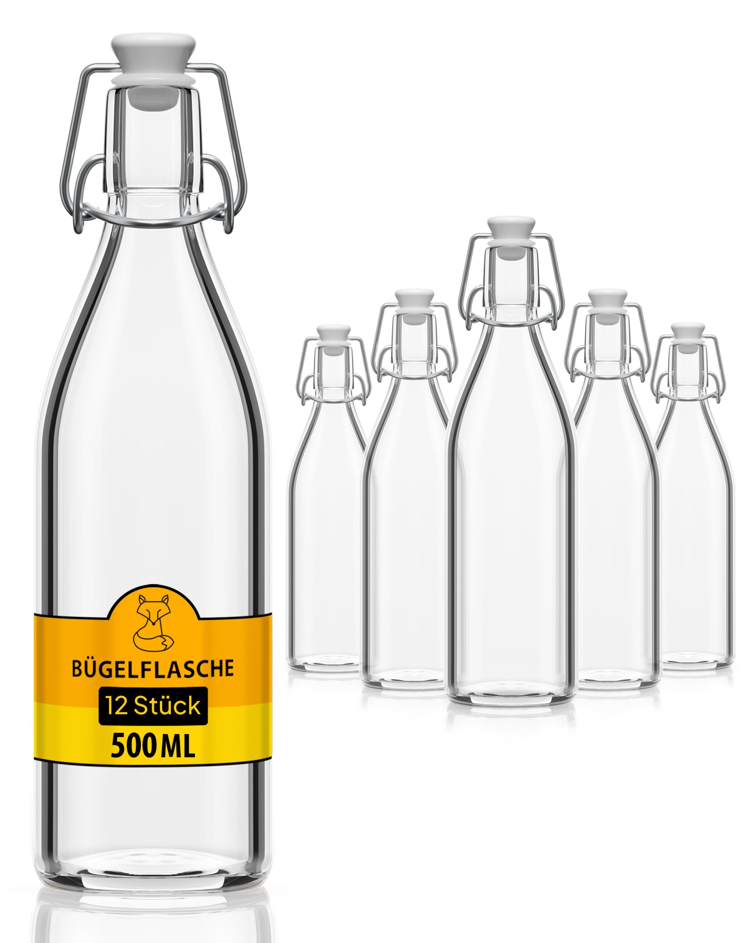 Flaschen-Fuchs Vorratsglas 500ml Flaschen zum Befüllen Bügelverschluss Schnaps Likörflaschen, Glas, (12er Set)