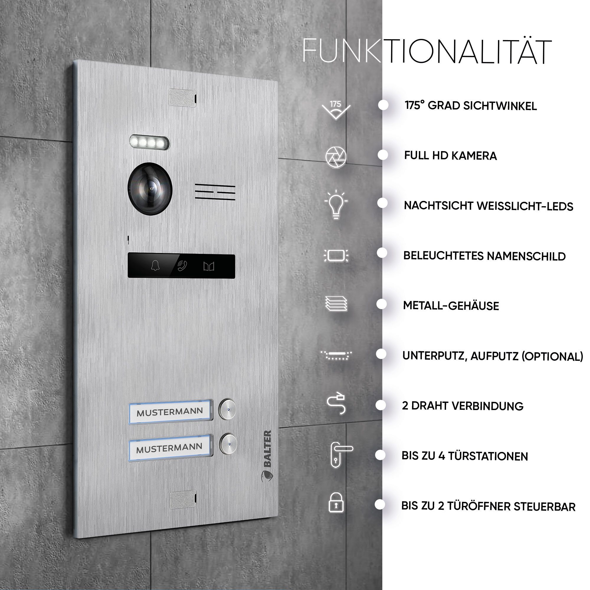 Balter Video-Türsprechanlage HD Video Türsprechanlage für 2 Familienhaus, 2 x Monitor (Komplettset, 2-tlg., Full HD Kamera, 175 Grad Weitwinkel)