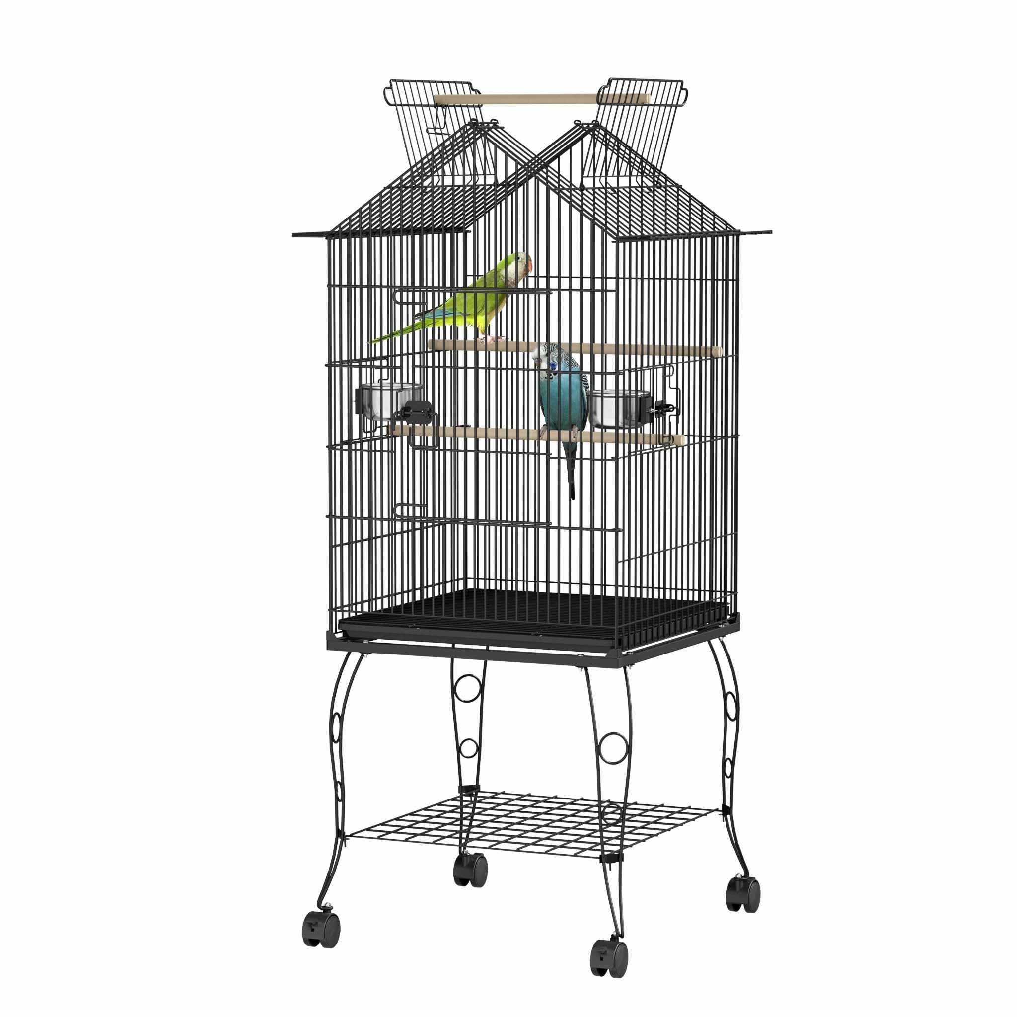 FIVMEN Vogelkäfig Vogelvoliere Großer Vogelkäfig Papageienkäfig mit Offenem Dach, Voliere Kanarienvögelkäfig mit Ständer, Rollen Schwarz