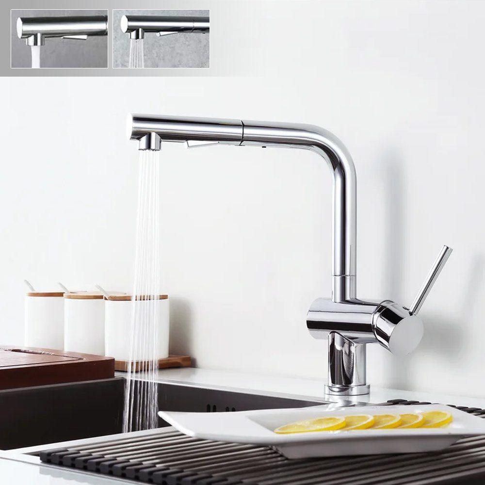 XIIW Küchenarmatur Hochdruck Wasserhahn Küche Ausziehbar mit Brause 2 Wasserstrahlarten (mit Flexibler Auslauf, muschbatterie, Ausgangshöhe: 320 mm) Messing Küchenarmatur,360° Schwenkbar Sliber