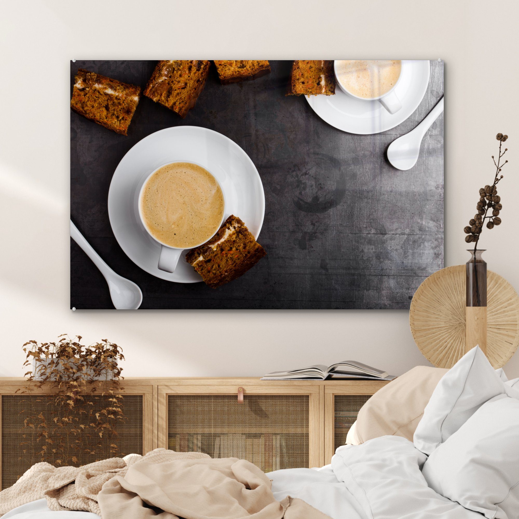 MuchoWow Acrylglasbild Zwei Stück (1 Tassen Schlafzimmer frischer Cappuccino Karottenkuchen, Wohnzimmer Acrylglasbilder mit & St), einem