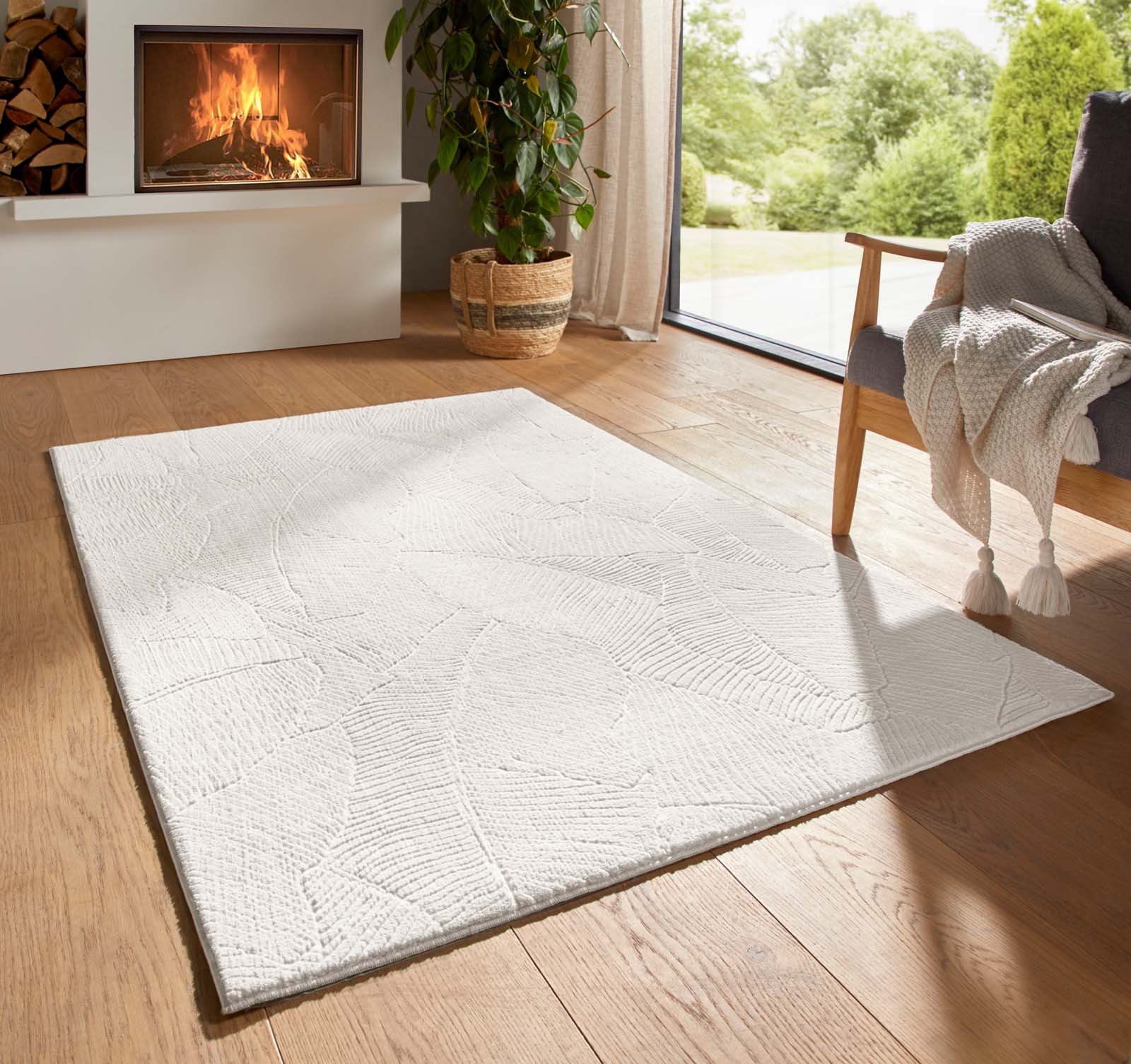 TaraCarpet Teppich TaraCarpet Homestyle 391 Blätter, rechteckig, Höhe: 10 mm, Felloptik hoch-tief weich waschbar floral creme 50x80