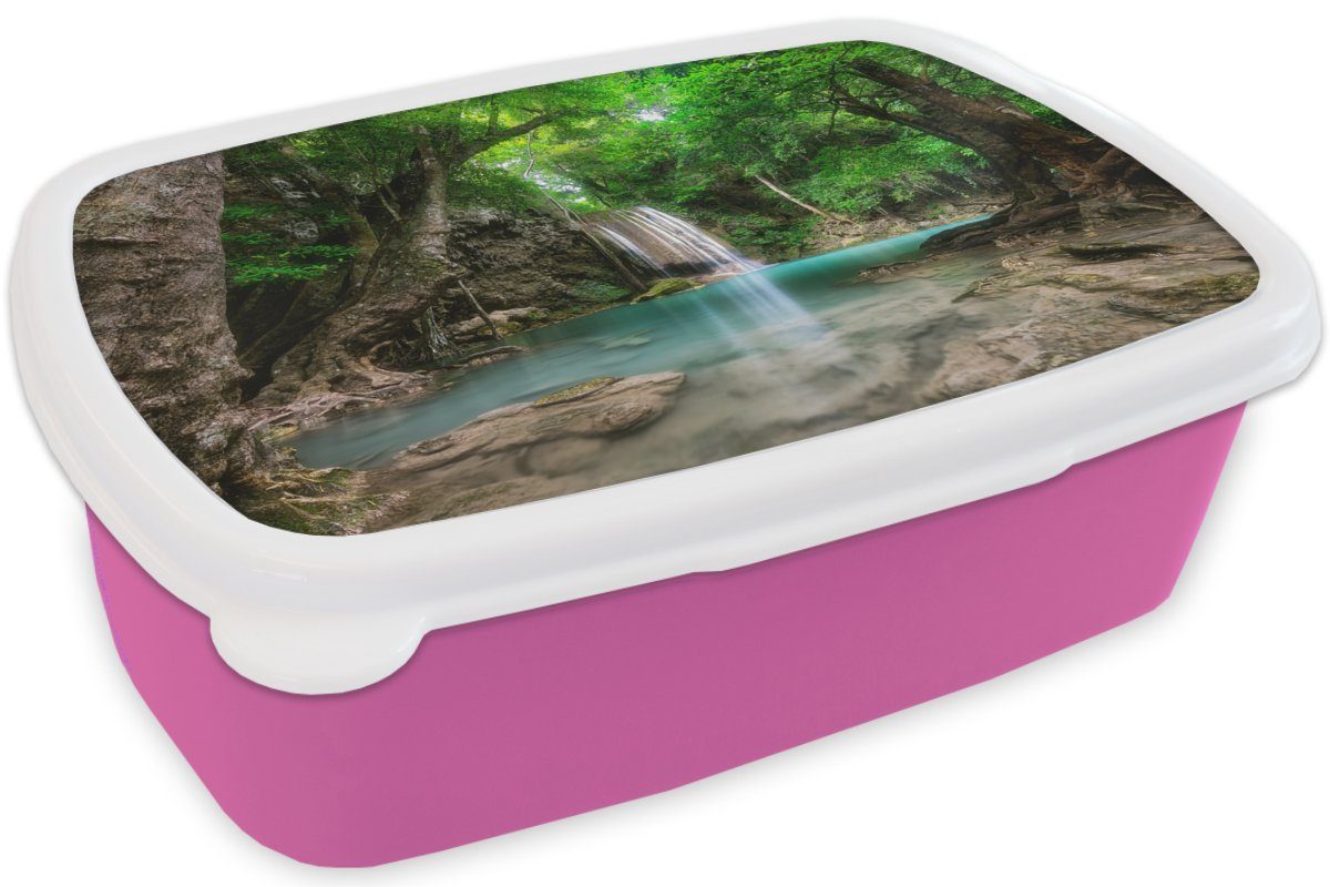 Brotdose Mädchen, Kunststoff Kunststoff, - - Natur, rosa Kinder, Wasserfall Dschungel Brotbox Erwachsene, MuchoWow Snackbox, Lunchbox Wasser Pflanzen (2-tlg), für - -