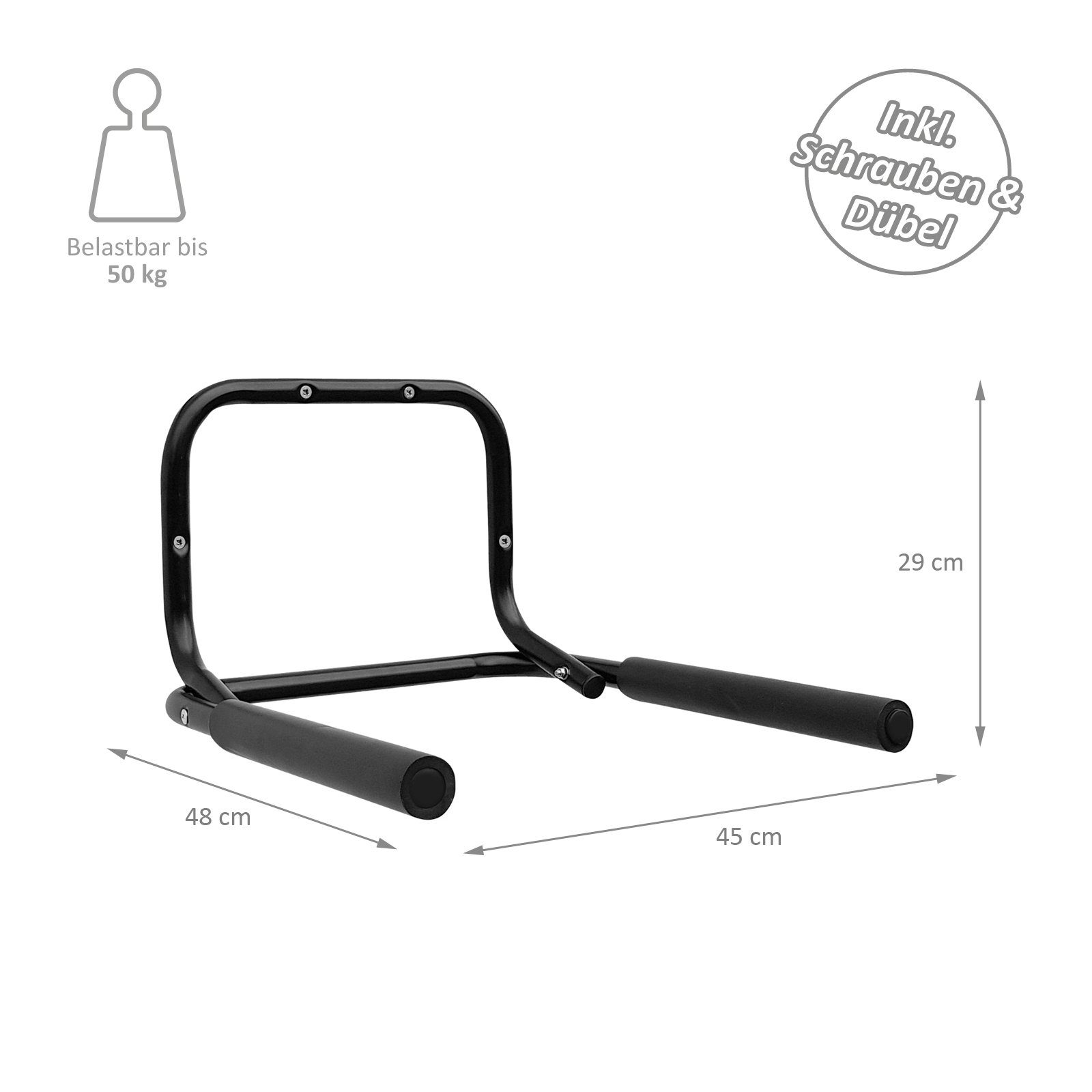Wellgro Wall-Mounted Bicycle Rack - Steel, Black, Foldable, Load Capacity up to 50 kg