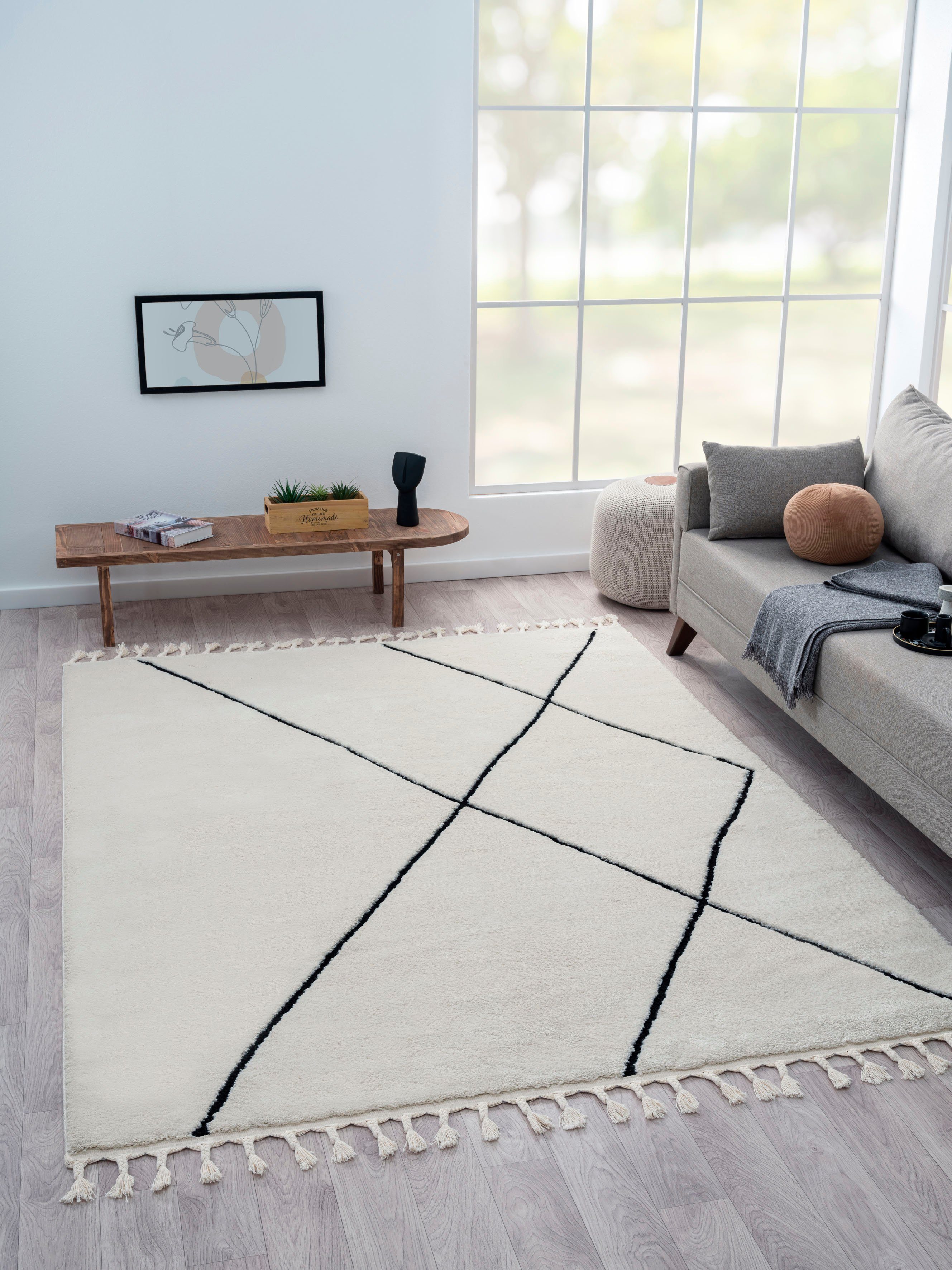 Myflair Möbel & Accessoires Hochflor-Teppich Moroccan Signature, rechteckig, Höhe: 24 mm, modern, marokkanisches Design, Rauten Muster, weich, mit Fransen