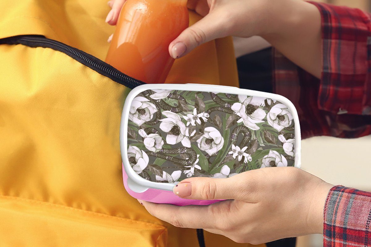 Muster, für - - Brotbox Lunchbox MuchoWow Mädchen, Kinder, Erwachsene, Brotdose (2-tlg), Snackbox, Dschungel Kunststoff rosa Kunststoff, Blumen