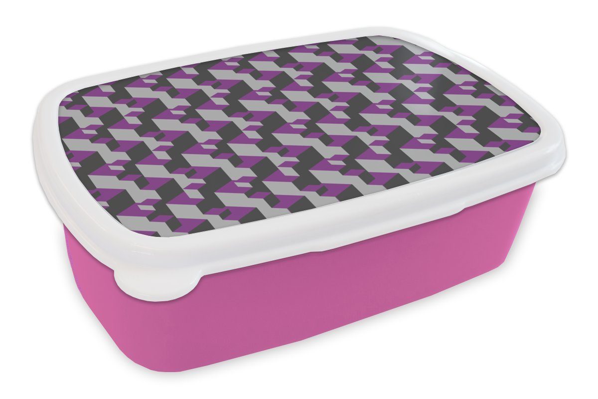 MuchoWow Lunchbox Blöcke - Muster - 3D - Lila, Kunststoff, (2-tlg), Brotbox für Erwachsene, Brotdose Kinder, Snackbox, Mädchen, Kunststoff rosa