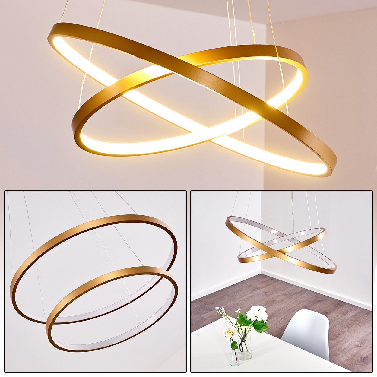 Höhe max. Hängeleuchte Kelvin, »Morrea« 120cm, in moderne Watt, Hängelampe Gold, m. 46 Ringen, 3000 verstellbaren hofstein 4828 Lumen