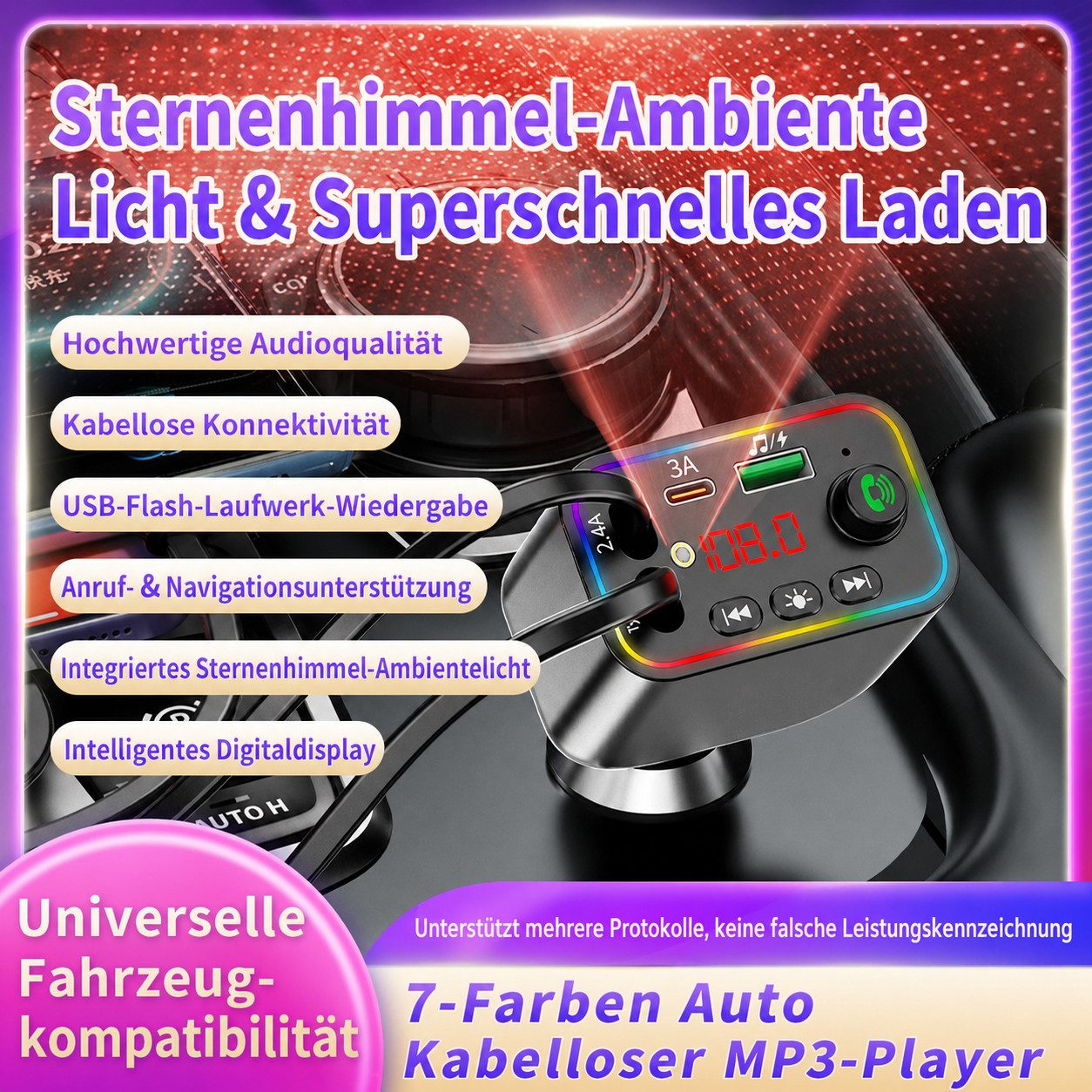 Fyrove Bluetooth-FM-Transmitter für Auto,PD3.0/PP/PPSQC4.0+AFC Schnelllade KFZ-Transmitter Bluetooth FMTransmitter Auto zu mit Dual einziehbaren Kabeln, RGB Ambientebeleuchtung, PD Schnellladen, LED Digitalanzeige, Freisprecheinrichtung,U-Disk & Musik-Streaming