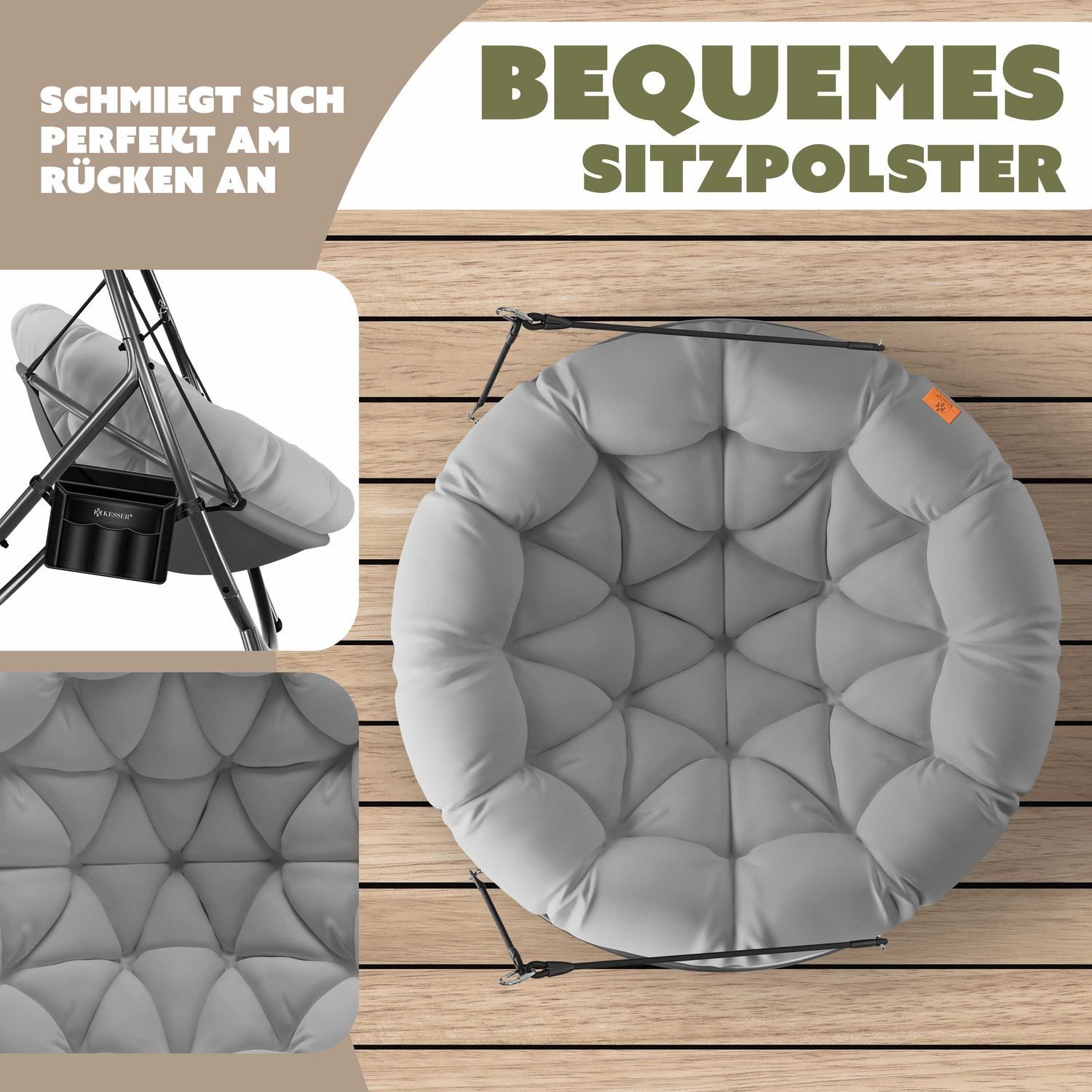 KESSER Hängesessel Bali Hängesessel mit Gestell Hängeschaukel Hängestuhl bis 150kg (mit Wipp Funktion, Kissen & Seitentasche), Hängekorb Stahlgestell Schaumstoff Sitzpolster für Wohnzimmer & Garten