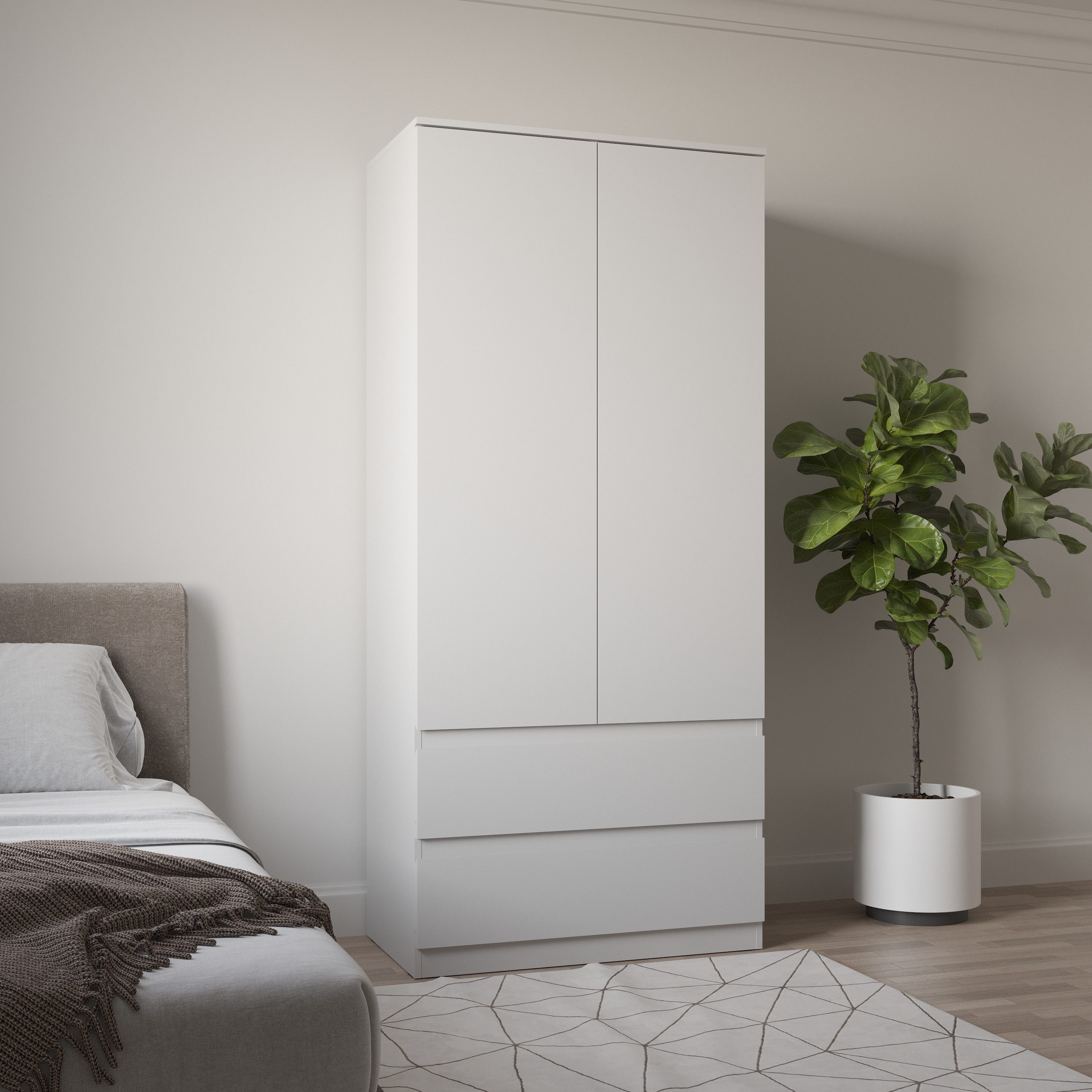 Raumhirsch Furniture Kleiderschrank Garderobenschrank, Drehtürenschrank, Schrank mit viel Stauraum (Maße: 90 x 203 x 50 cm (2 Türen, 2 Schubladen, 4 Fächer) Kleiderstange, Rollenauszüge, grifflose Fronten, einfache Montage