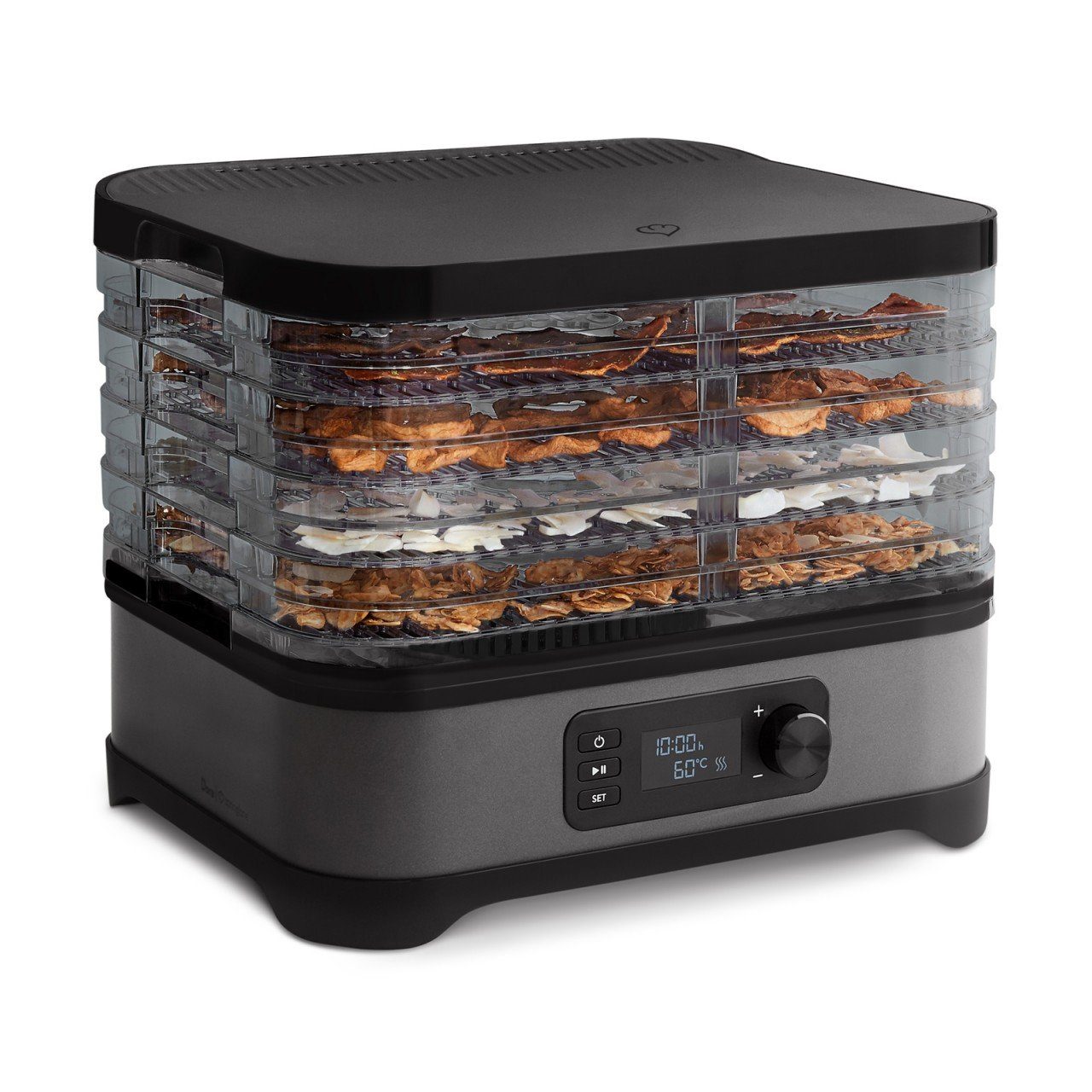 Springlane Dörrautomat Dora aus Edelstahl für Obst, Fleisch und Kräuter 400,00 W, LCD-Display, Spühlmaschinengeeignet, höhenverstellbare Dörrebenen