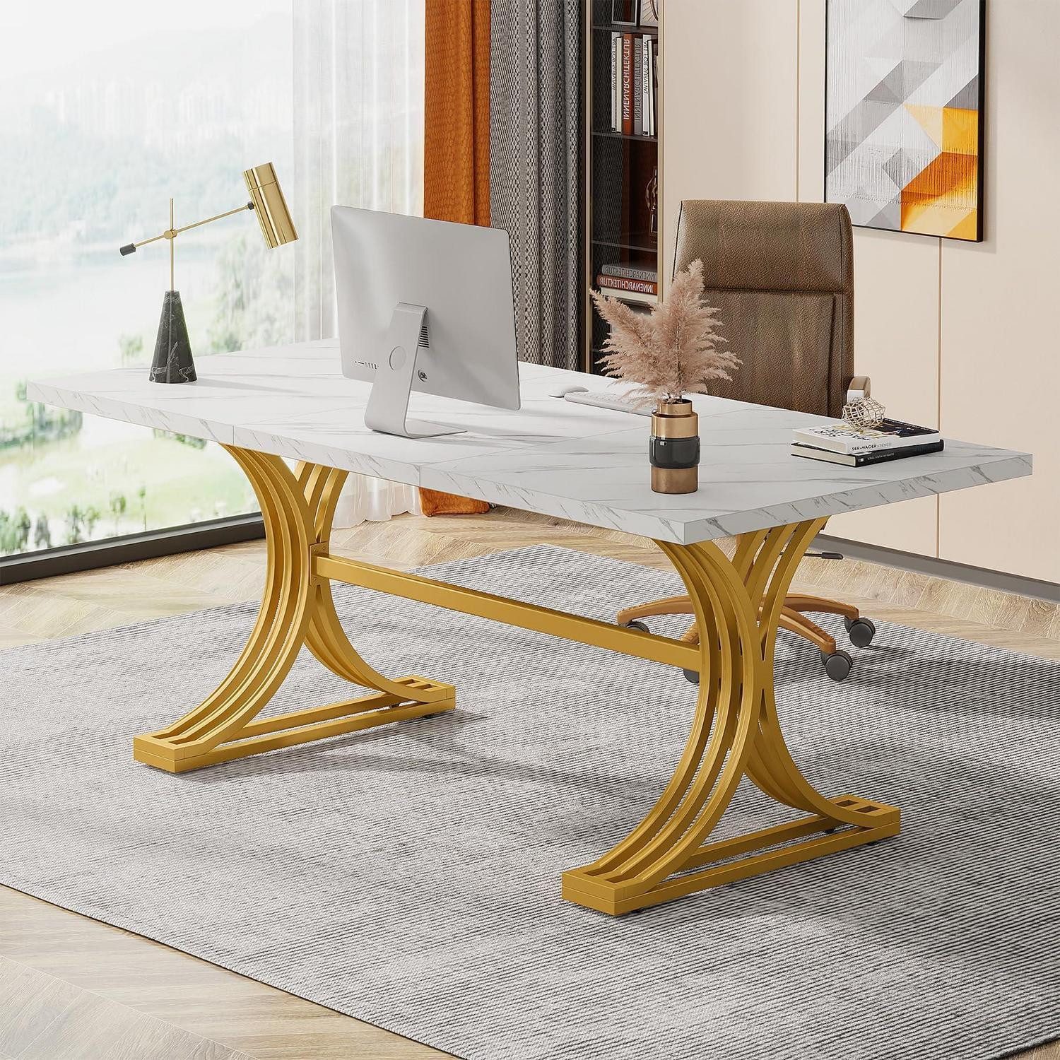 LuxusKollektion Schreibtisch Schreibtisch 160x80 cm weiß gold Kunstmarmor X-Gestell (1-St)