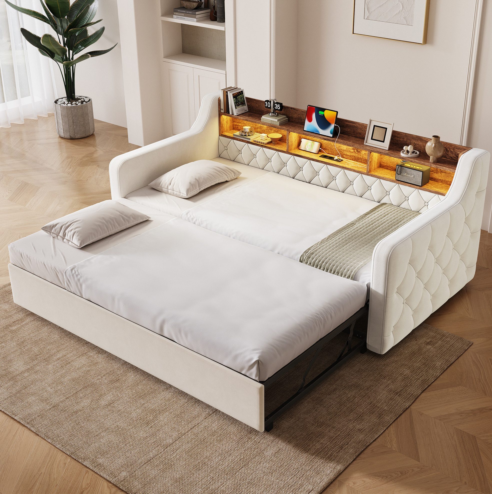 MODFU Schlafsofa Funktionsbett mit Armlehnen und Ausziehfunktion, Tagesbett, 90x190/180x190 cm kombiniert mit LED-Beleuchtung, Ladeanschlüssen und geräumigem Kopfteil mit Stauraum 1 Teile, ohne Matratze