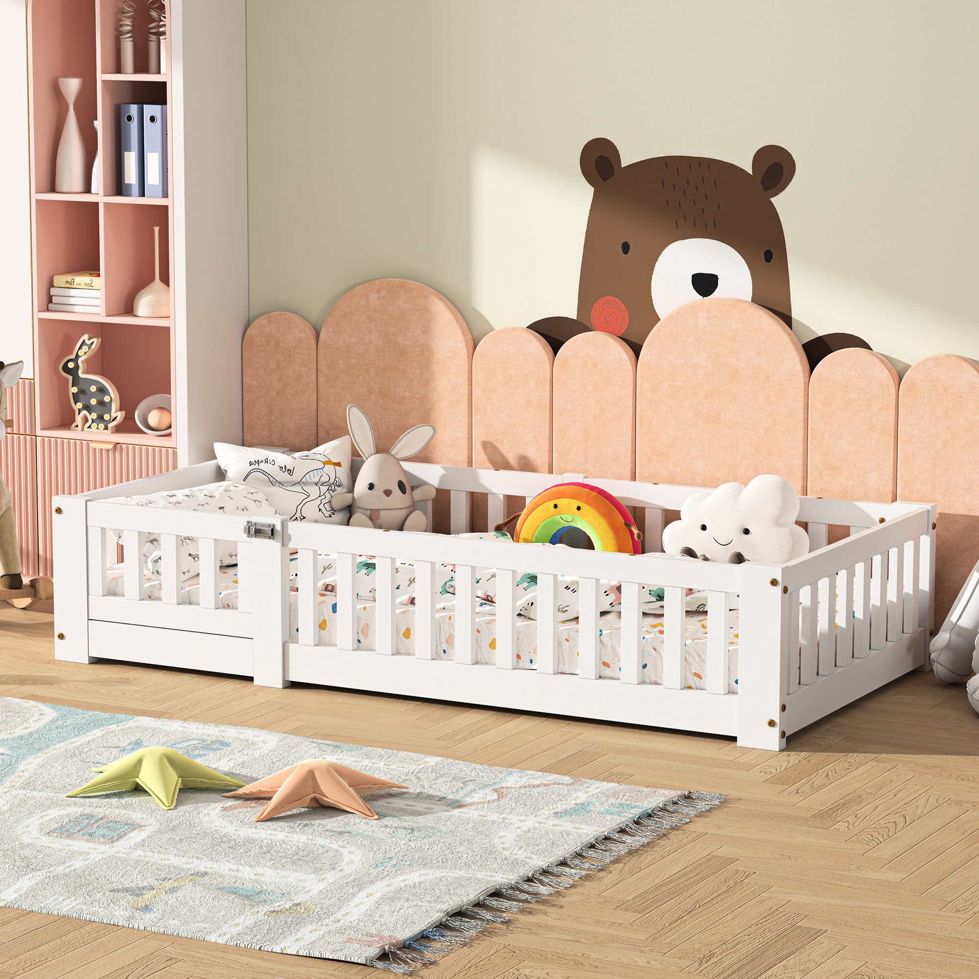 SEEZSSA Einzelbett Massivholzbett Holzbett Weiß Einzelbett mit Kopf und Fußteil Bett (80x160 cm Montessori Bodenbett Bett), mit Lattenrost und Rausfallschutz,Weiß-C