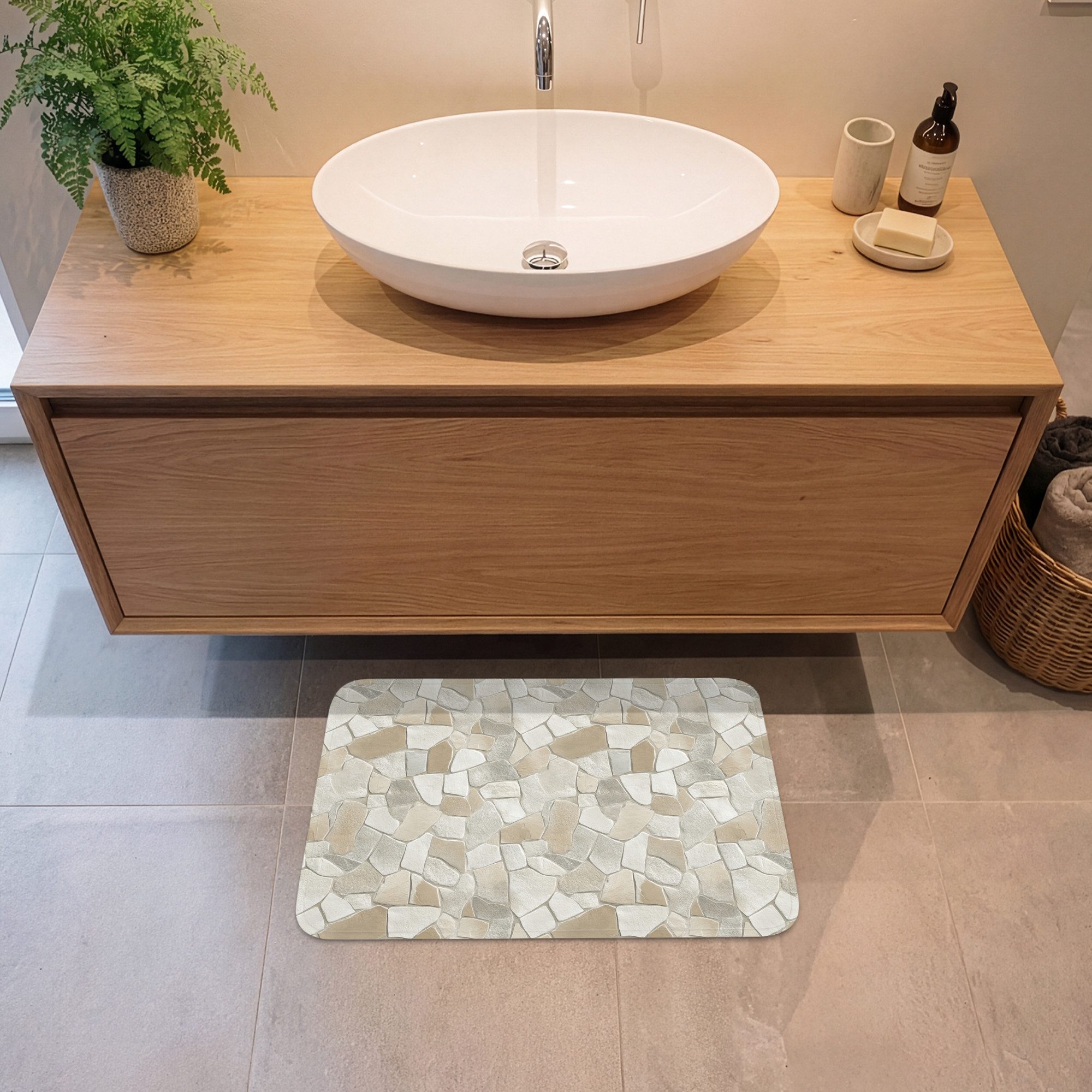 OnlyWow Badematte Mosaik - Steine - Beige, Höhe 10 mm, Polyester, Rechteckig, Badezimmerteppich, Badteppich, Rutschfest, Badvorleger, Waschbar