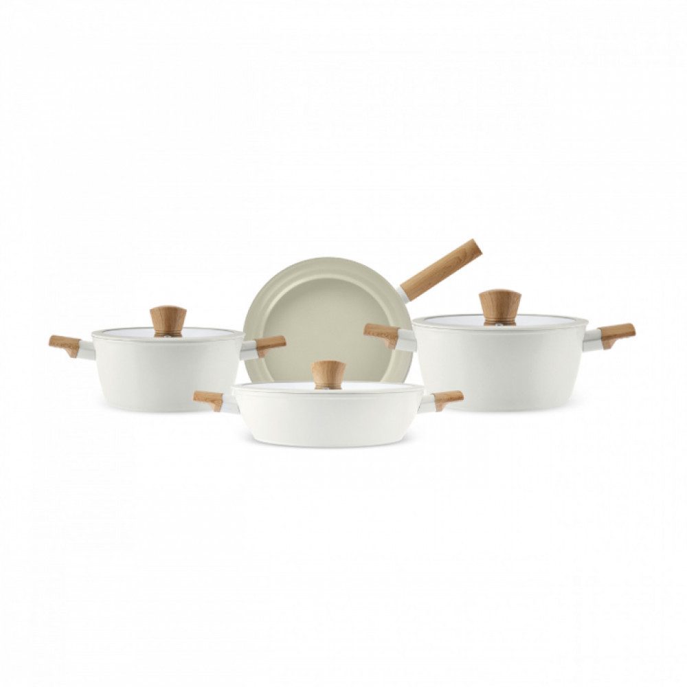 Karaca Сковороды-Set Karaca Swiss Crystal Almond Topf Set 7-teiliges Töpfe-Set Cream, Bratpfanne Kochgeschirr Bratentopf Fleischtopf Stieltopf Pfanne