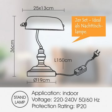 bmf-versand Tischleuchte Schreibtischlampe 2er Set Nachttischlampe Alabaster Optik Banker Weiß, mit Schalter, Retro, Nachttischleuchte, LED fest integriert, Warmweiß, Wohnzimmer, Schlafzimmer, Esszimmer, Küche, Flur, Tischlampe