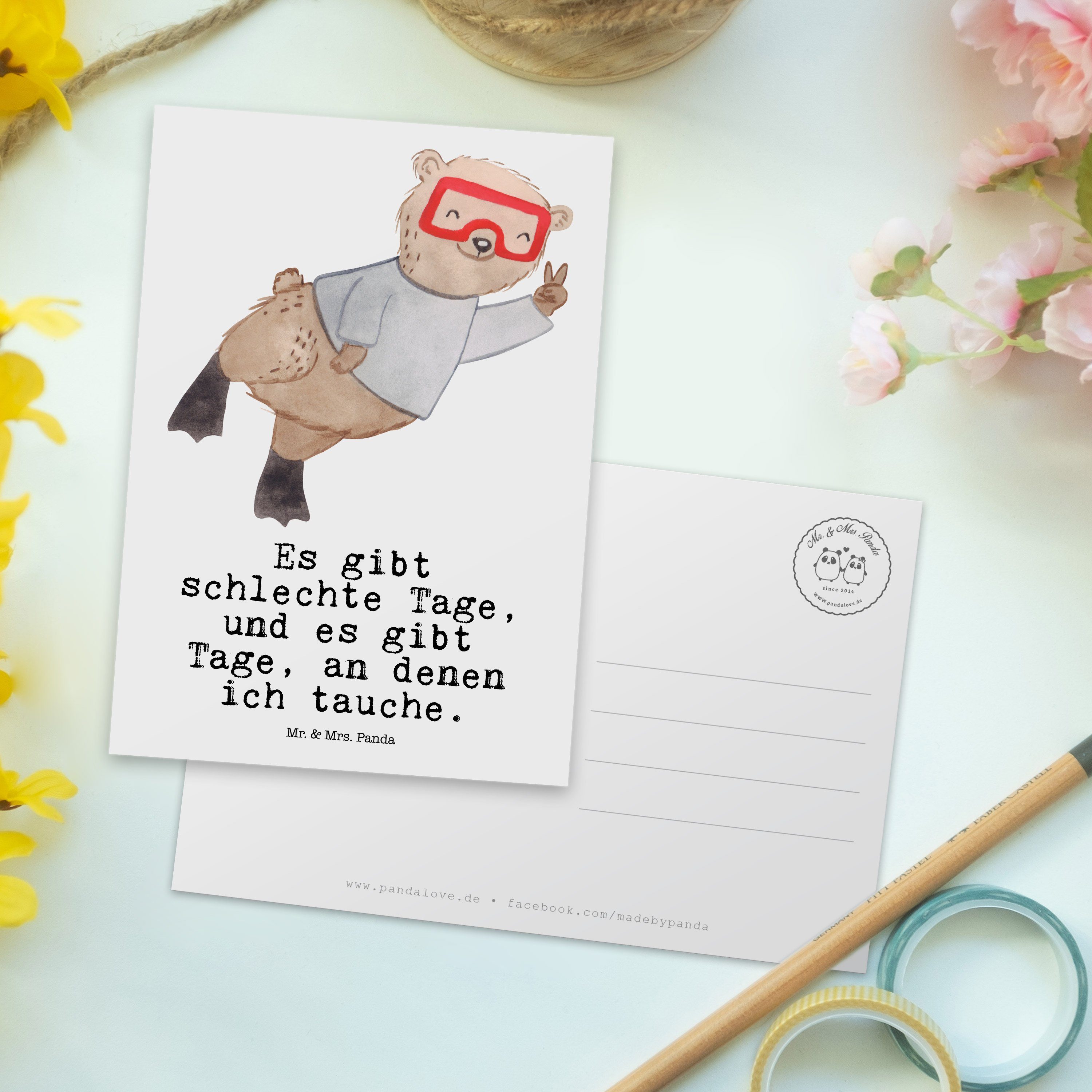 Mrs. Panda & Tauchgang, Weiß Einladungsk Bär Postkarte Tauchen Grußkarte, - - Tage Mr. Geschenk,